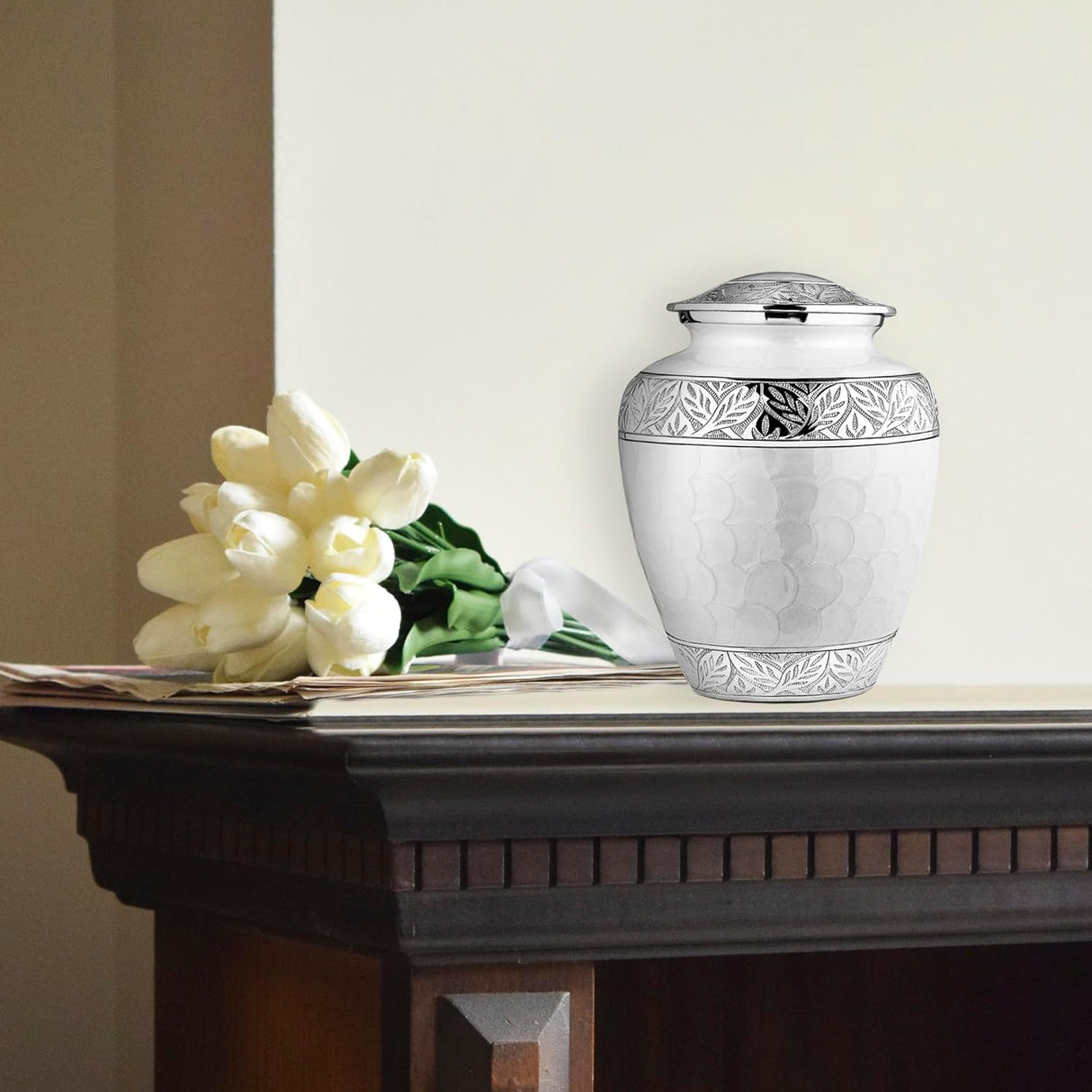 Trupoint Memorials Cremation Urn for Ashes for Women Female, Urns for Human Ashes Male, Engraved Mother of Pearl Funeral Urn for Adult Man, Silver Lining Large White