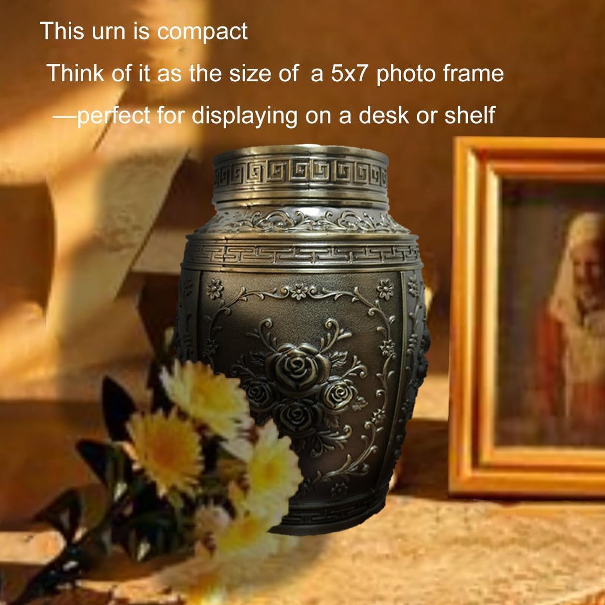 Keepsake Rose Urns for Human Ashes Medium Cremation Burial Urn for Adult Human Ashes Beautiful Zinc Alloy Decorative Funeral Urns, 7.1" H x 4.7" L(Bronze)