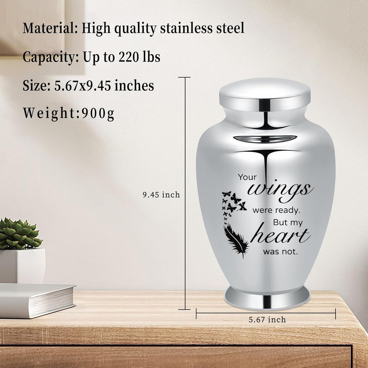 shajwo Large Cremation Urn for Ashes Human Adult Female Male Angel Wings Stainless Steel Urn for Human Ashes for Women Men Memorial Burial Funeral Decorative Urns for Ashes Keepsake Up to 220 IBS