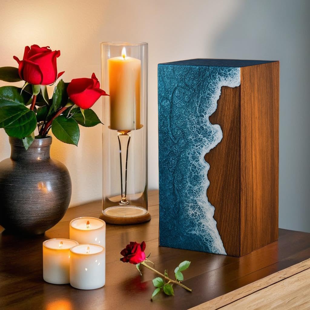 Handcrafted Rosewood & Ocean Wave Epoxy Resin Urn for Ashes – Memorial Cremation Urn Box for Human & Pet Ashes ((Keepsake - 5" Hx4 W (20 Cu/in))