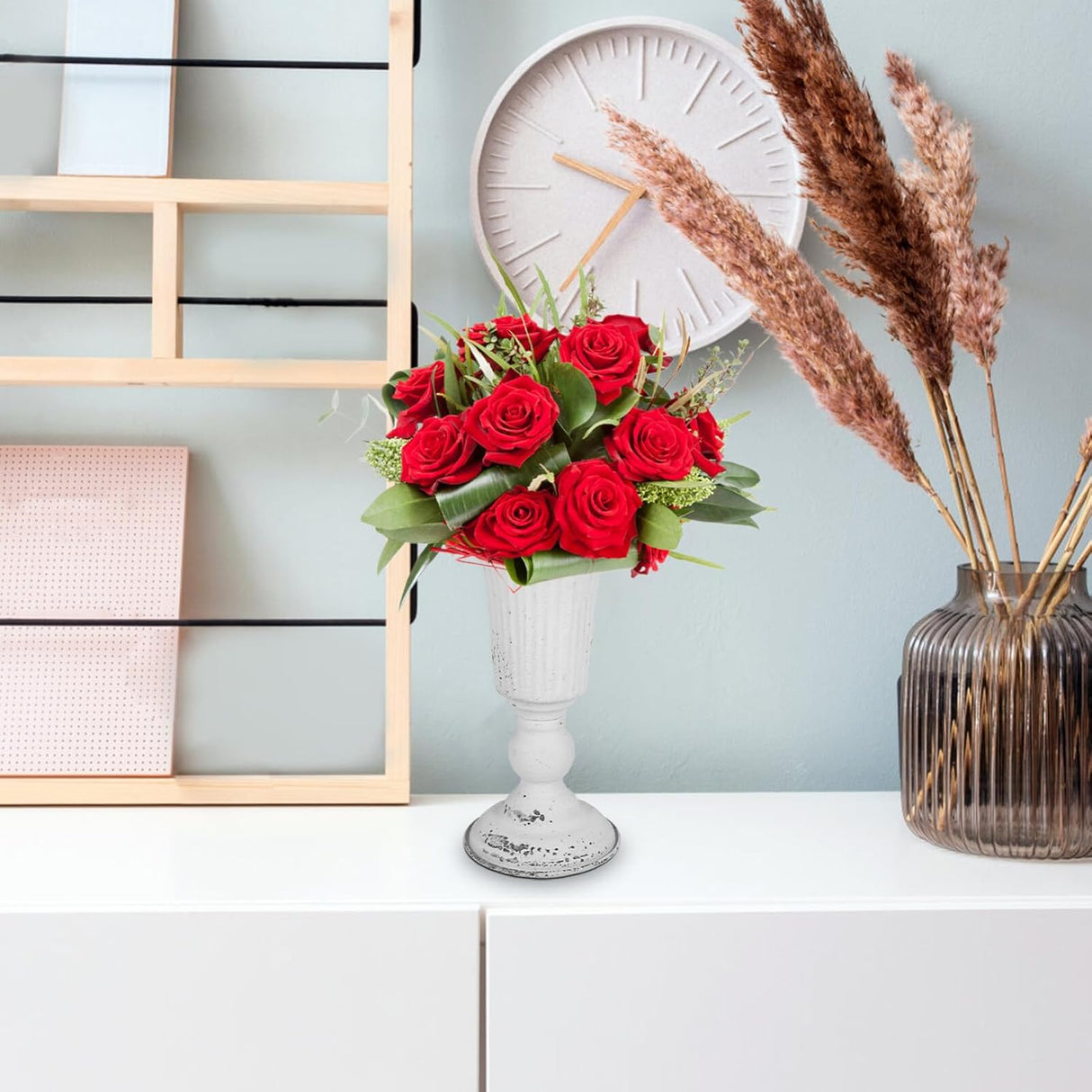 Kichvoe Vintage Metal Vase, Trumpet Vase Rustic Urn Planter Wedding Centerpiece Flower Arrangement Pot Plant Pot for Wedding Party Reception White,9.29 X 4.72 Inches