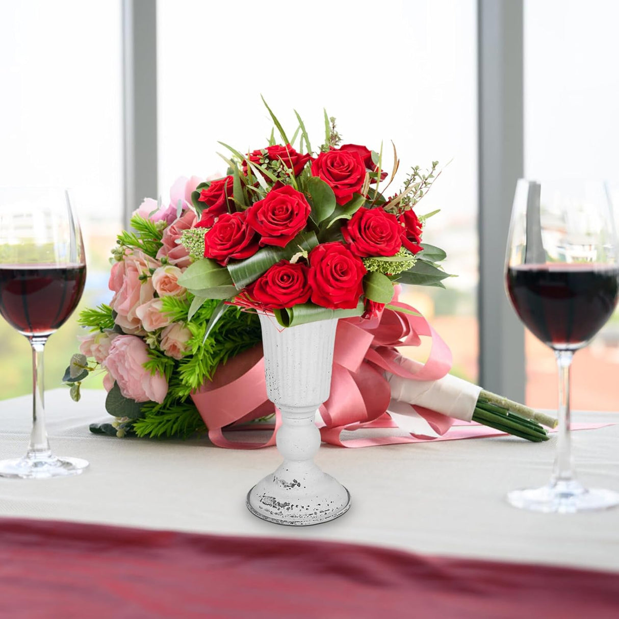 Kichvoe Vintage Metal Vase, Trumpet Vase Rustic Urn Planter Wedding Centerpiece Flower Arrangement Pot Plant Pot for Wedding Party Reception White,9.29 X 4.72 Inches