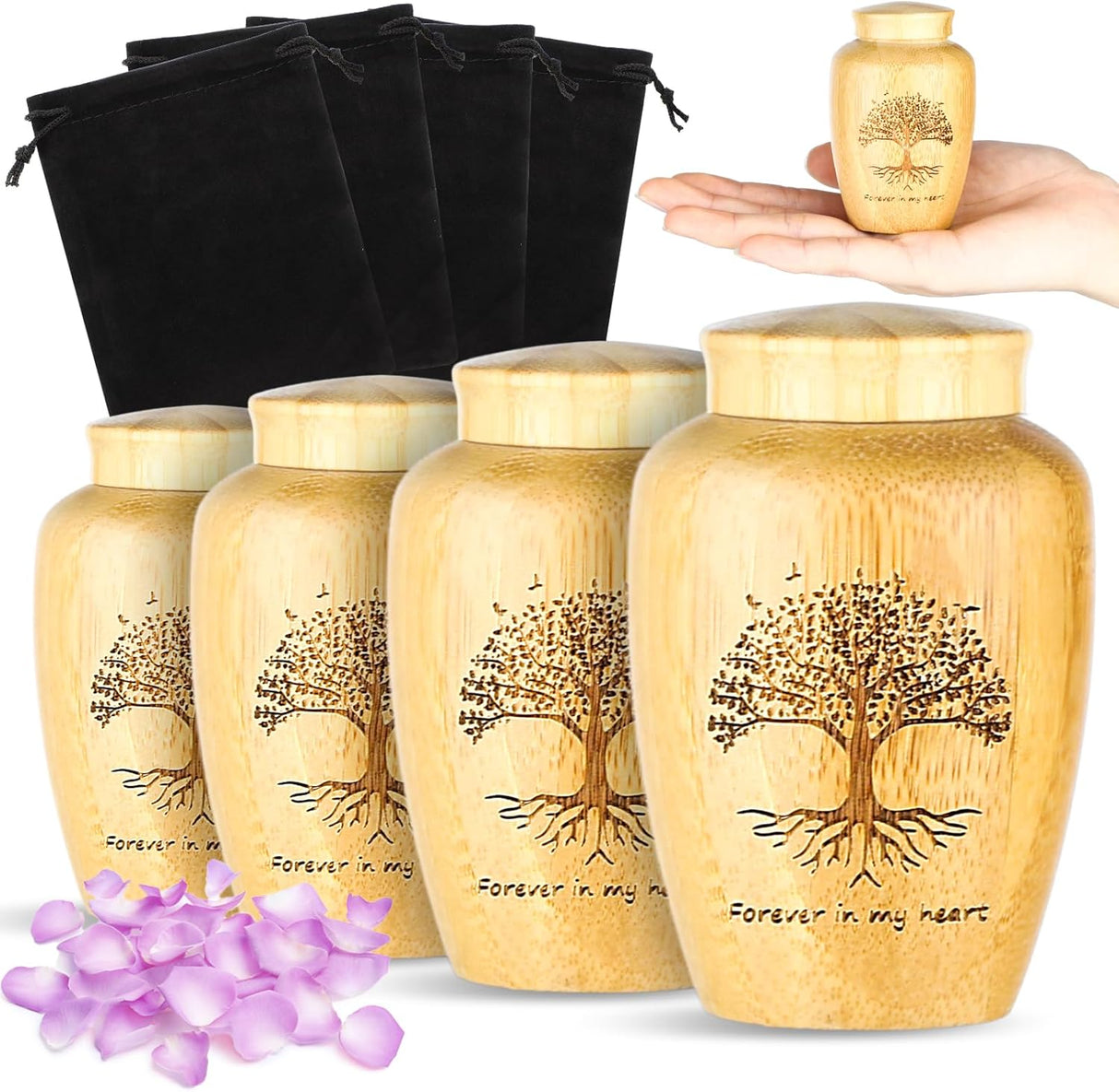 4 Sets Small Urn for Human Ashes Mini Urns with Tree Pattern Engraved Biodegradable Bamboo Cremation Urns for Pet Ashes with Black Velvet Bags