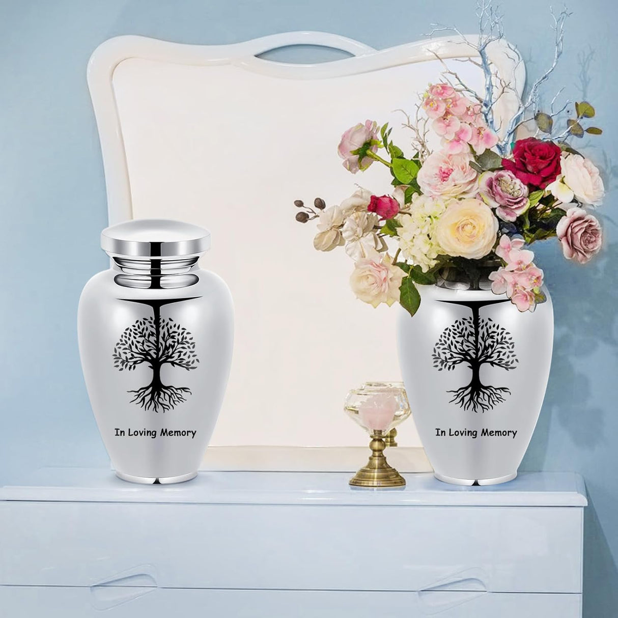 Imrsanl Cremation Urn for Human Ashes Burial Memorial Large Urns for Adult Male Female, Stainless Steel Engraved Butterfly Funeral Decorative Urns Keepsake for Women Men, 220 lbs (Silver-Tree of Life)