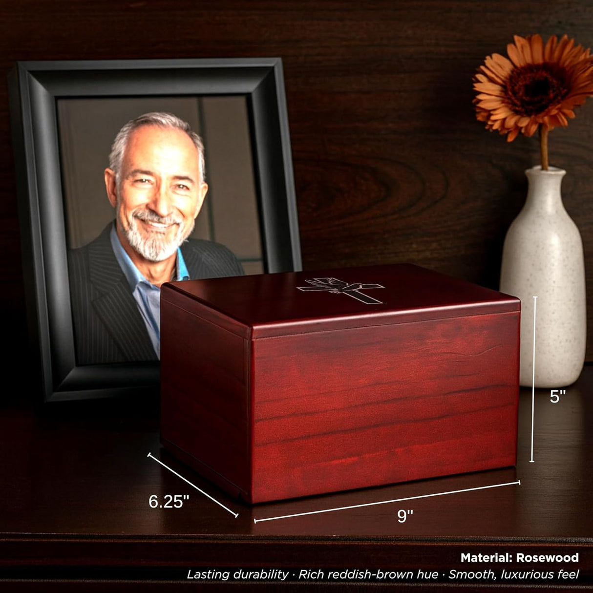 Bey-Berk Deering Moments Engraved Lacquered Rosewood Funeral Cremation Urn for Human Ashes (Cross-Dove, Large)