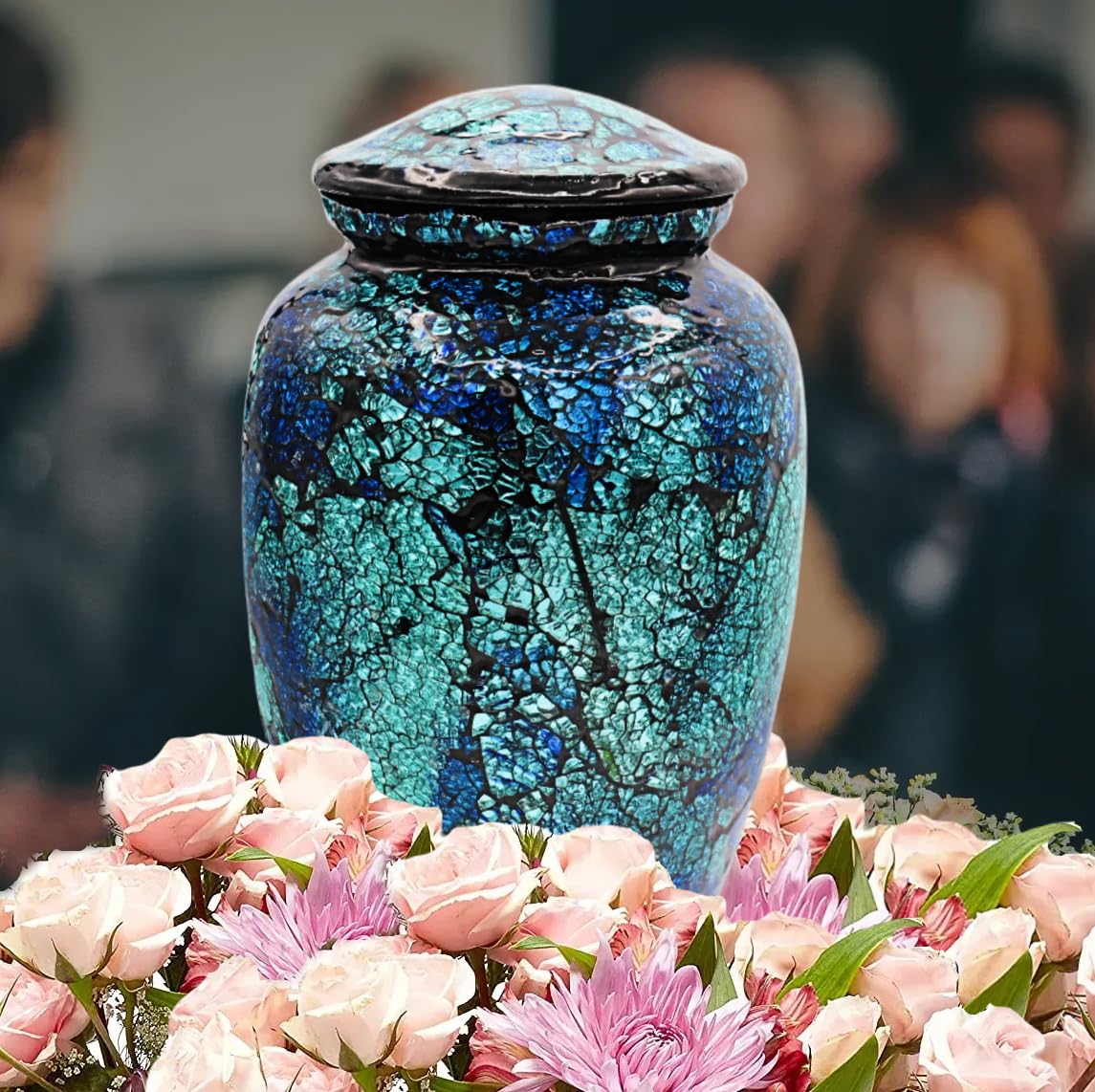 Mosaic Glass Cremation Urn - Hand Made Funeral Urn for Human Ashes - Large Adult Size Burial Urn - Hand Applied Individual Tiles Create a one of a Kind Work of Art - 200 cu in (Red)