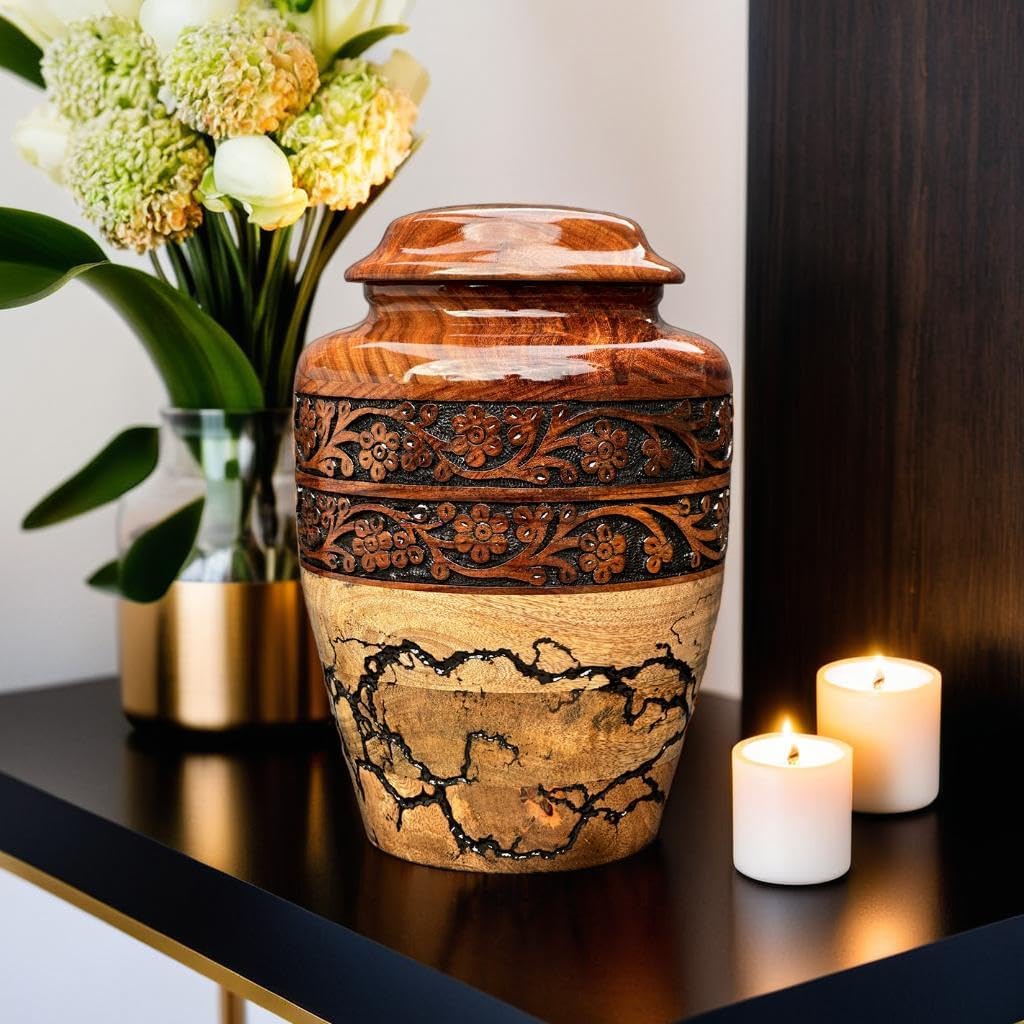 Wooden Cremation Urn for Human Ashes Handcrafted Urn for Adult Men & Women Memorial Urn for Ashes Decorative Burial & Funeral Urn (Hand Curving Border, Large 250lbs)