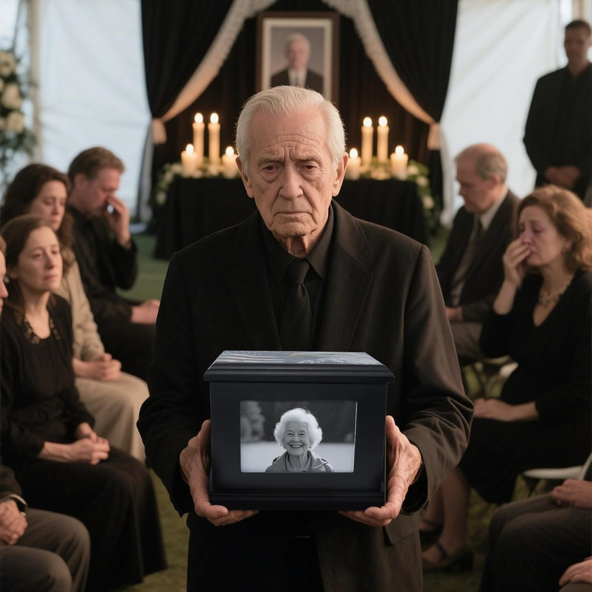 Handcrafted Solid Wooden Box Urns for Adult Human Ashes Male or Female Cremation- Funeral Memorial Urn for Man or Woman with Photo Frame- Keepsake Casket Up to 200 Lbs (Black, L, Eagle&Flag)