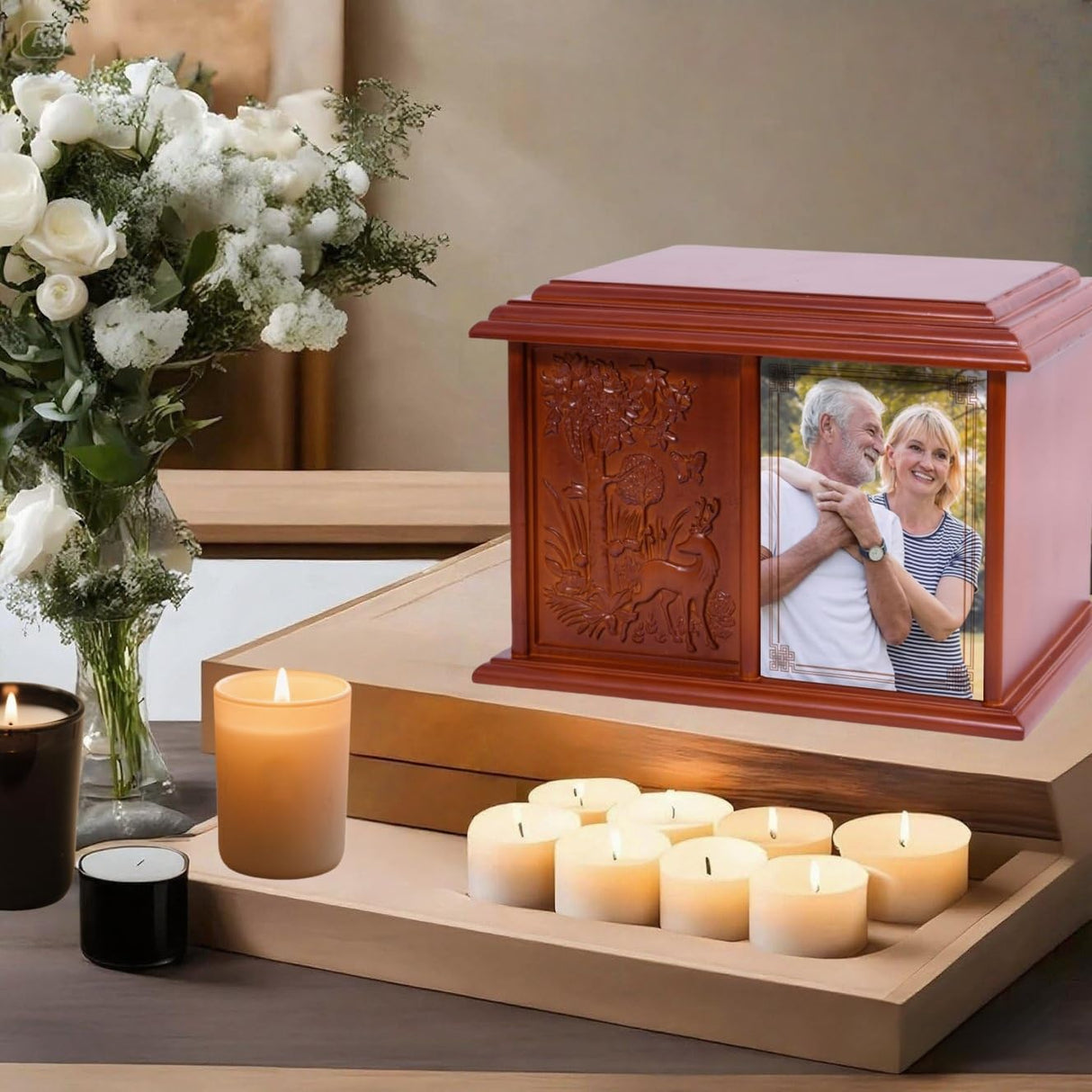 Double Urn for 2 Adults - Wooden Cremation Urn for Human Ashes Male Female Companion Urns for Ashes Women Men Carved 400 Lbs Large Deer Urns with 4 x 6 Picture Frame