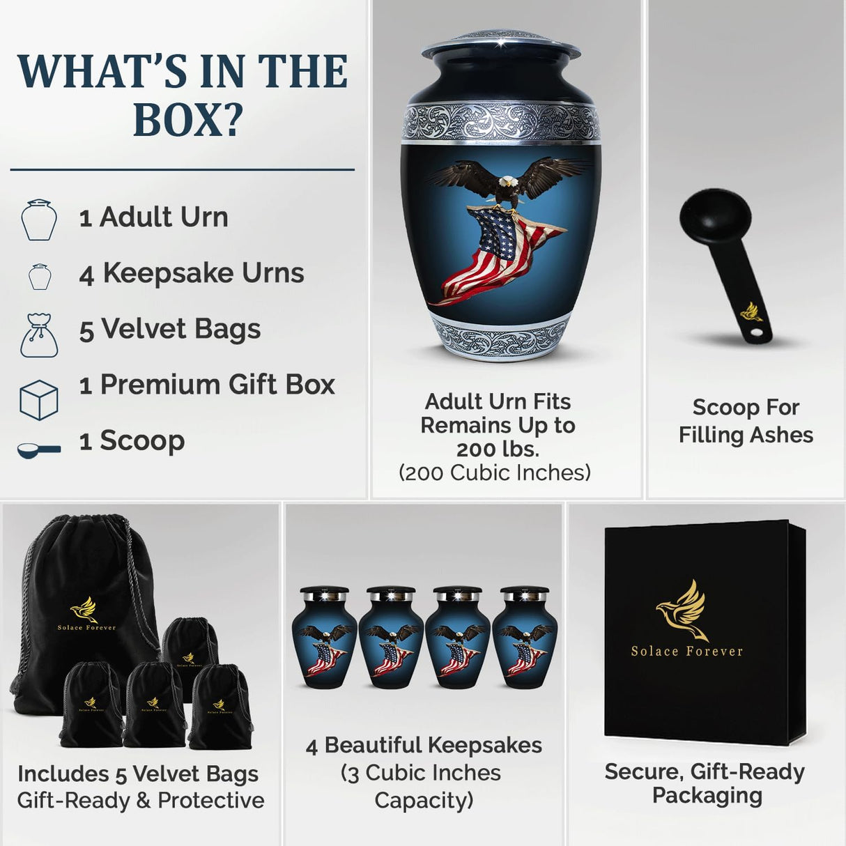 Cremation Urn for Ashes Adult Male - Hand Engraved Funeral Memorial Urns - Featuring 1 American Flag Large Urn with 4 Matching Small Urns with Bags (Black, Set of 5)