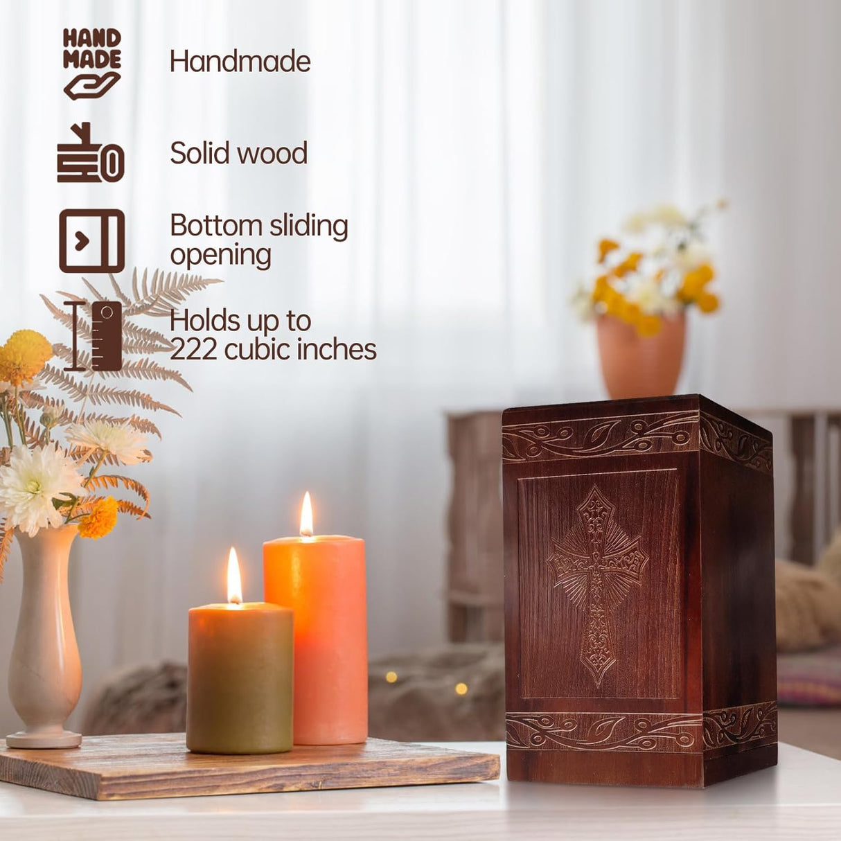 Wooden Cremation Urn for Human Ashes,Wooden Carved Cross Cremation Urns,Holds 250 Cubic Inches,Cat and Dog Pet Urns,Decorative Funeral Urn Box and Casket