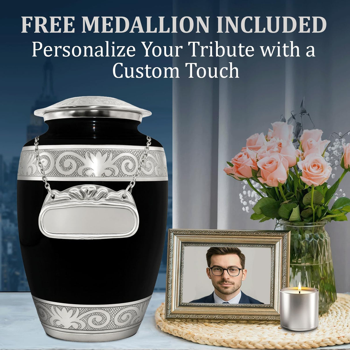 Cremation Urn for Ashes Adult Male - Large Funeral Urns for Human Ashes Adult Man with Velvet Bag - Holds Upto 200lbs - A Dignified Memorial to Honor Your Loved One (Midnight Black, Large)