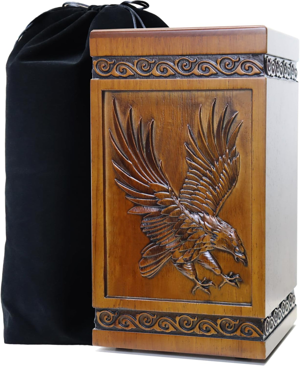 Urns for Wooden, Cremation Urns for Human Ashes Adult - Hand Engraving Bald Eagle - Funeral Urn for Mother/Father - Display Burial at Home or in Niche at Columbarium (Large Wood Decorative Urn
