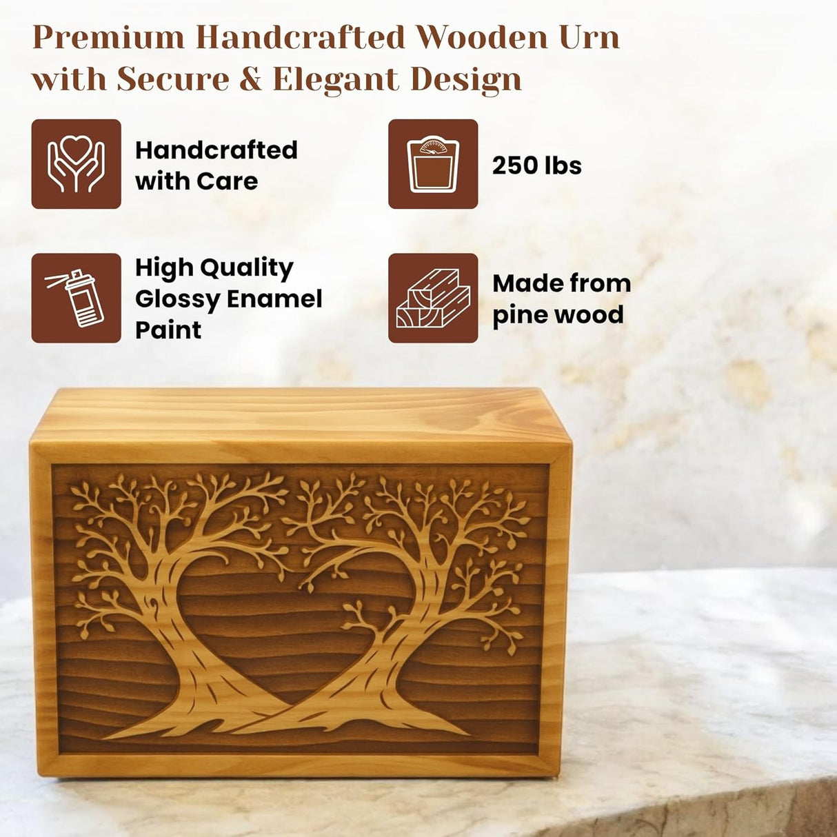 Wooden Box Funeral Cremation Urns for Human Ashes Adult Large - Burial Urns for Columbarium - Tree of Life Flying Bird (250 Cubic Inches, Twin Tree - Heart)