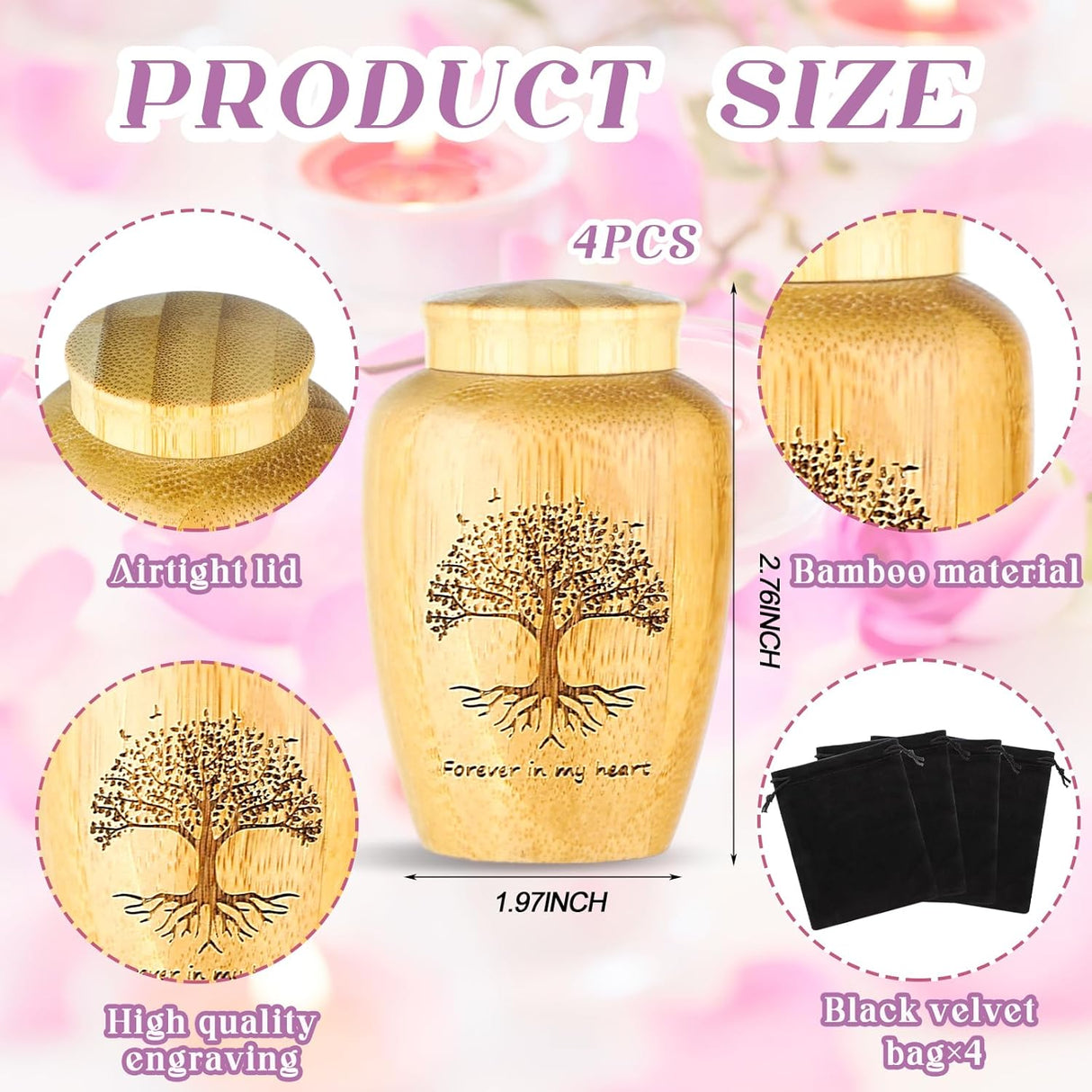 4 Sets Small Urn for Human Ashes Mini Urns with Tree Pattern Engraved Biodegradable Bamboo Cremation Urns for Pet Ashes with Black Velvet Bags