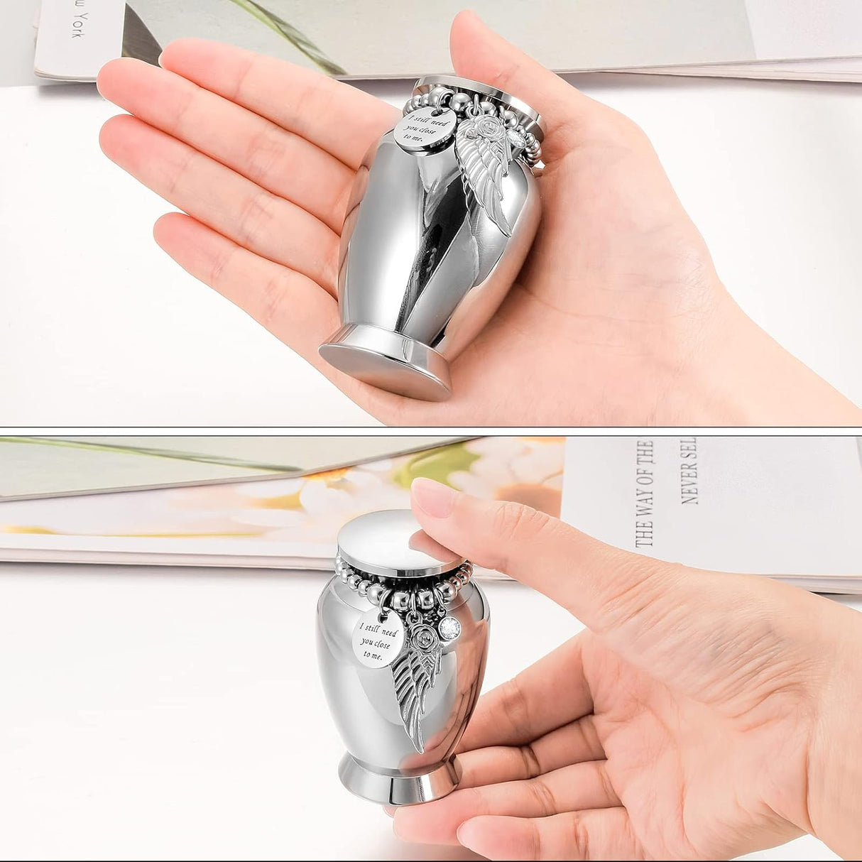 Small Keepsake Urns for Memorial Human Ashes 2.85 Inch with Wing Charm Mini Cremation Urns Stainless Steel