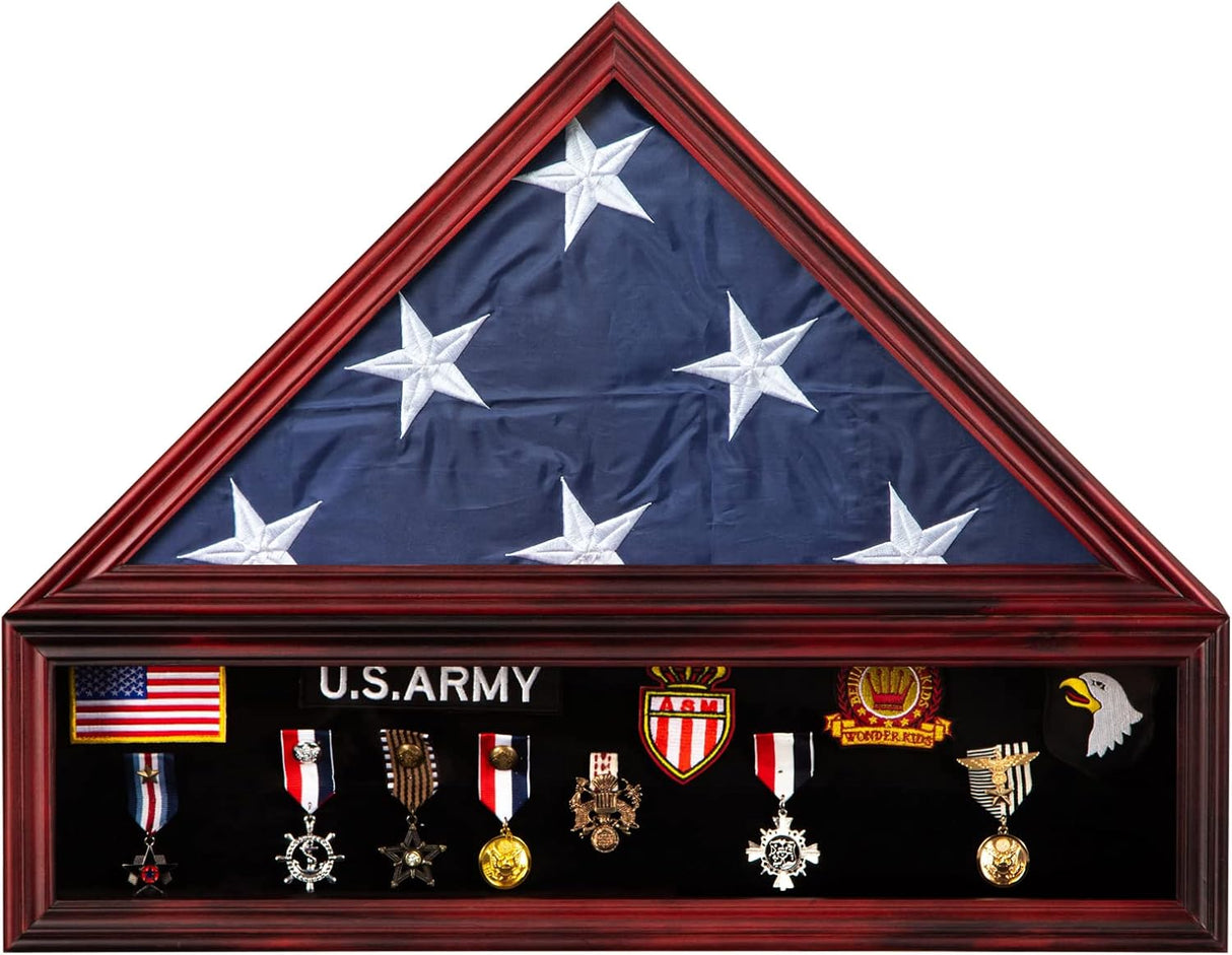 Large Military Shadow Box Solid Wood Burial Flag Display Case for American Veteran Flag Display Fit a Folded 5'x9.5' Flag Military Flag Display Case, Mahogany Finish