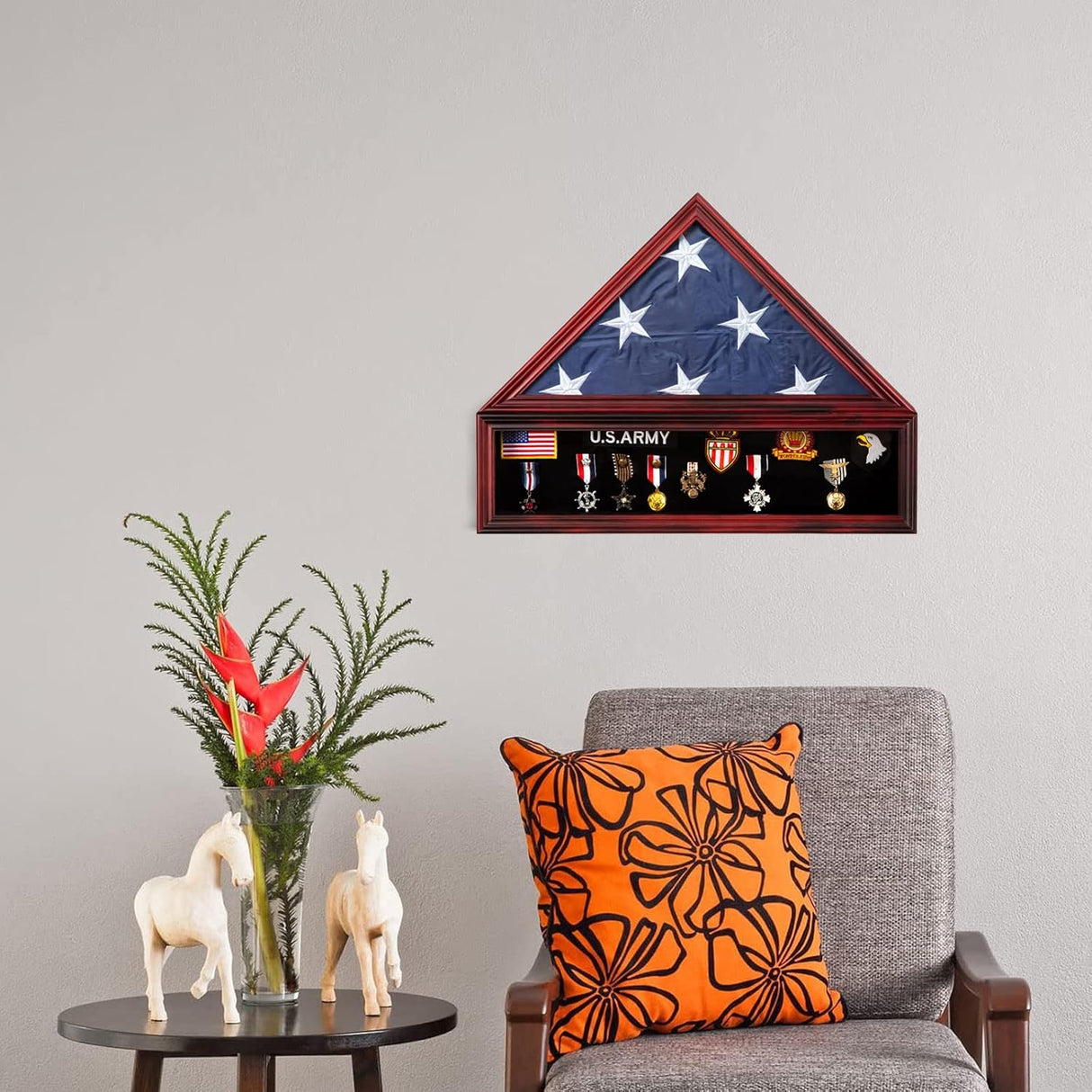 Large Military Shadow Box Solid Wood Burial Flag Display Case for American Veteran Flag Display Fit a Folded 5'x9.5' Flag Military Flag Display Case, Mahogany Finish