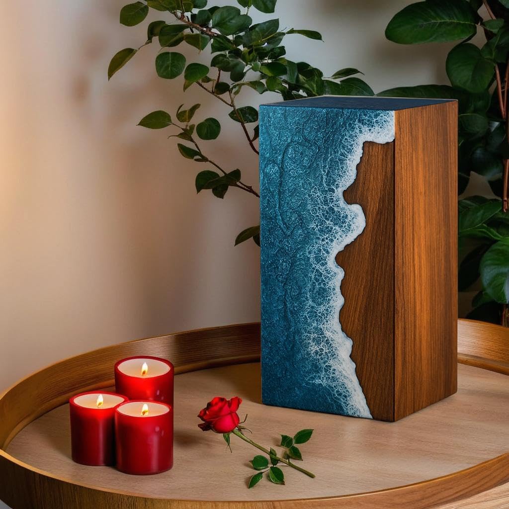 Handcrafted Rosewood & Ocean Wave Epoxy Resin Urn for Ashes – Memorial Cremation Urn Box for Human & Pet Ashes ((Keepsake - 5" Hx4 W (20 Cu/in))