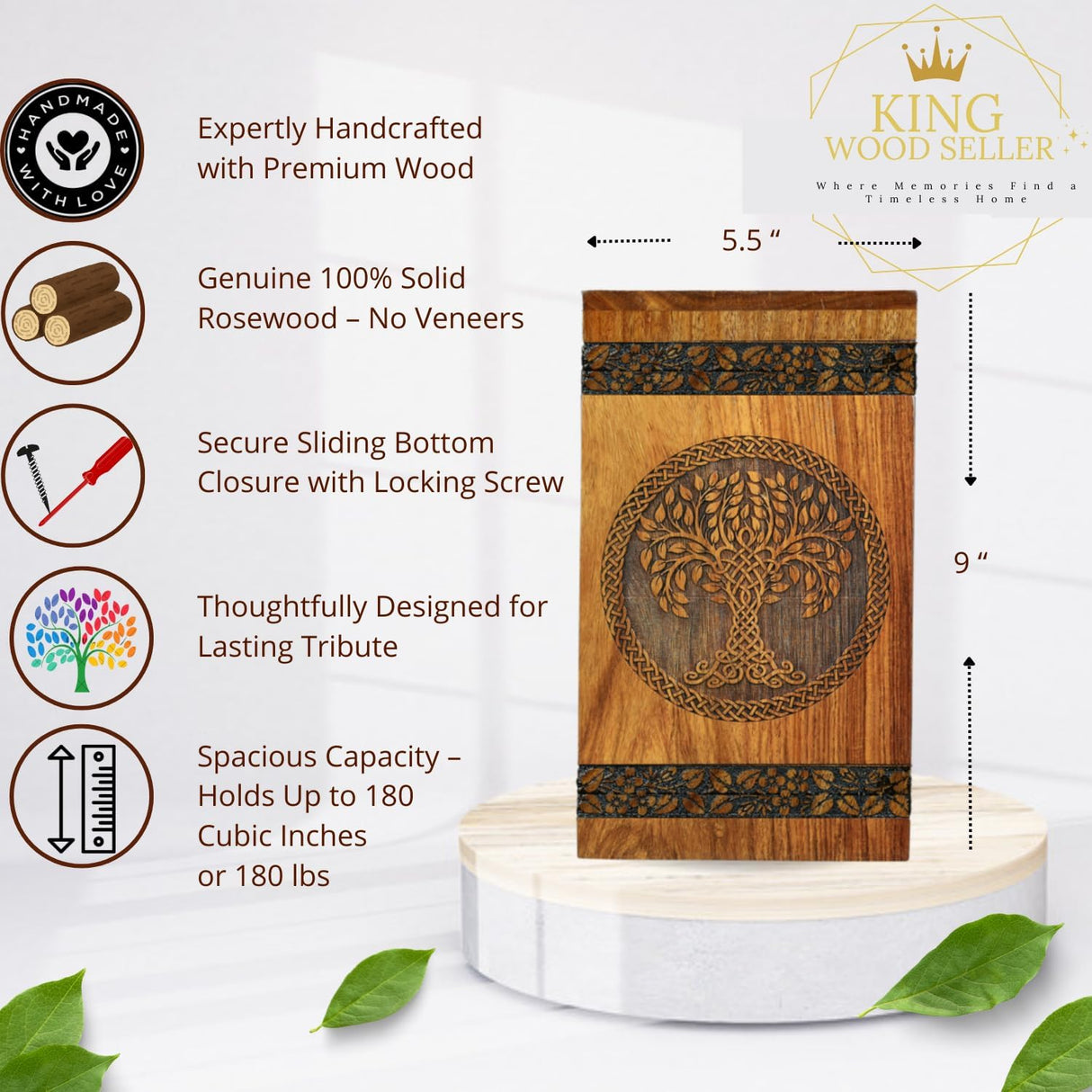 Wooden Cremation Urn for Ashes - Tree of Life Urns, Elegant Funeral and Memorial Urn for Adults, Children, Pets, and Loved Ones, Keepsake Urns for Smaller Remembrances (Medium 180 Cubic inches)