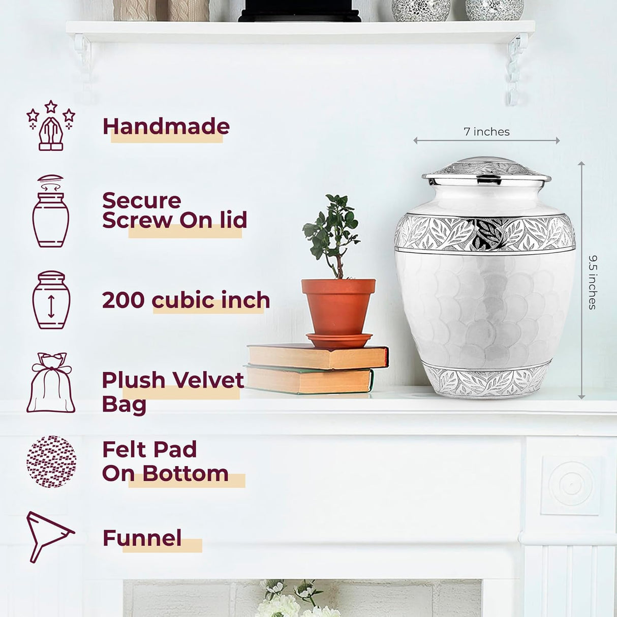 Trupoint Memorials Cremation Urn for Ashes for Women Female, Urns for Human Ashes Male, Engraved Mother of Pearl Funeral Urn for Adult Man, Silver Lining Large White