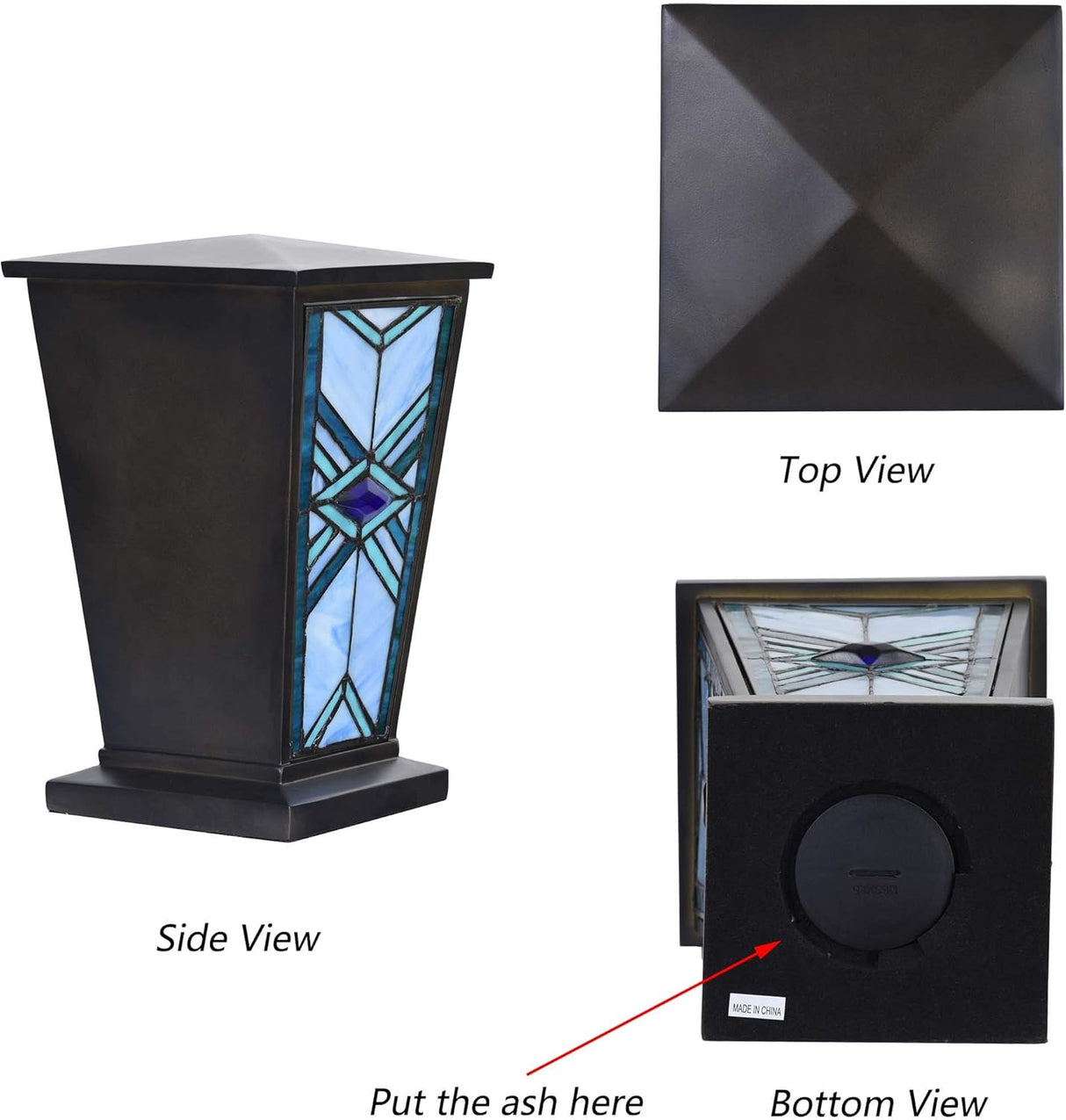 Bieye CU001 Stained Glass Urn with Mission Design Tiffany Style Cremation Urn, 7" W x 11" H, Blue