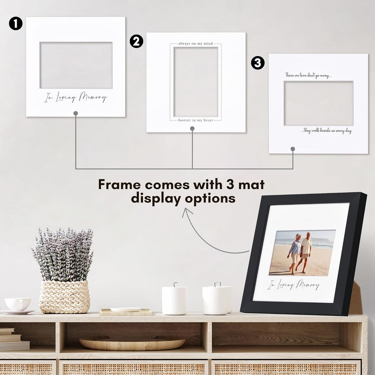 Americanflat Memorial Picture Frame with Shatter-Resistant Glass - Use as 4x6 Picture Frame with 3 Interchangeable Mats or Display 8x8 Photos without Mat - Signature Collection - Funeral Gifts - Black