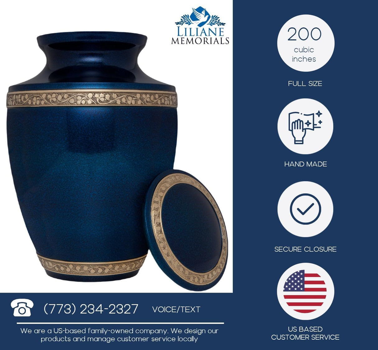 Blue Funeral Cremation Urn for Human Ashes - Hand Made in Brass - Suitable for Cemetery Burial or Niche - Large Size fits Remains of Adults up to 200 lbs - Torino Model