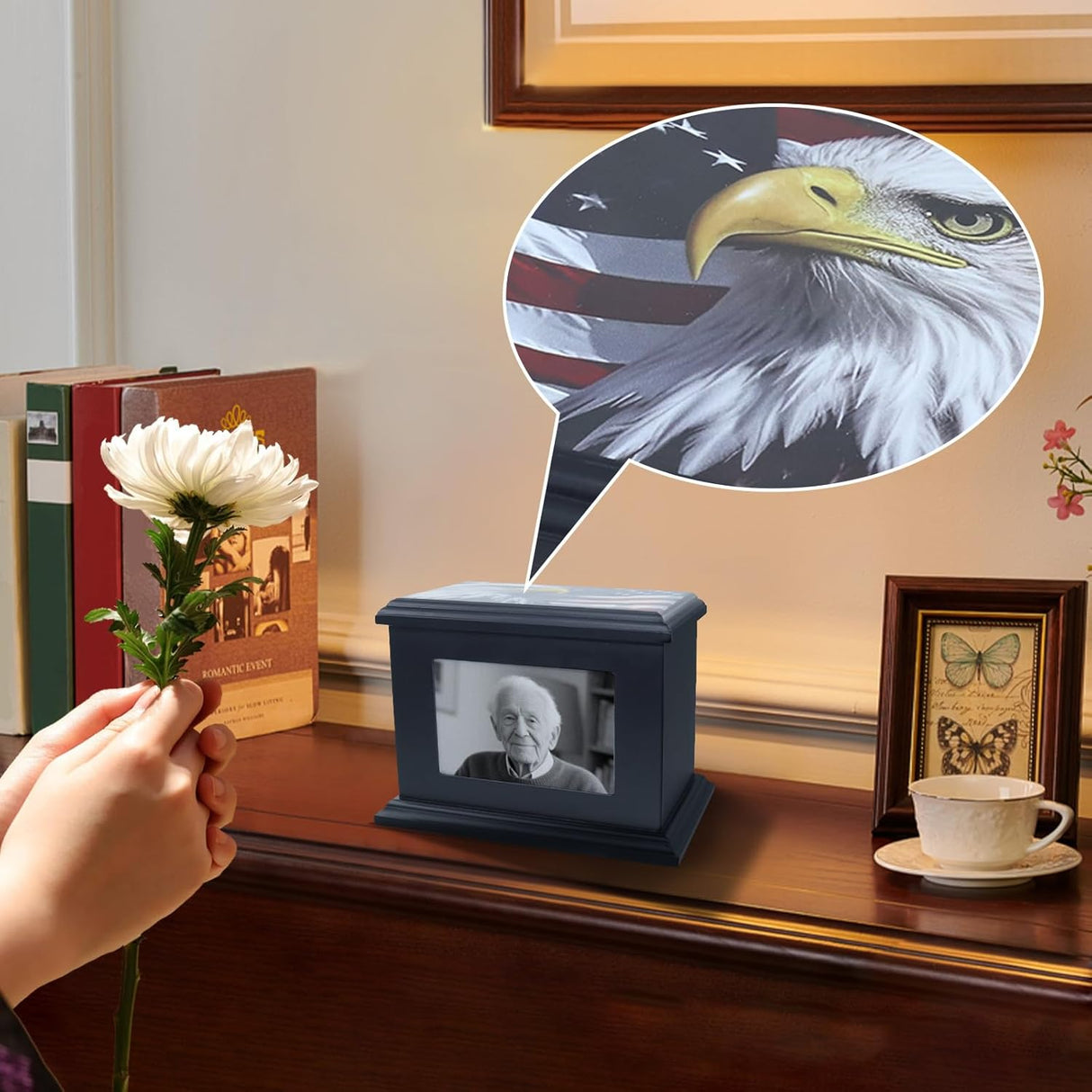 Handcrafted Solid Wooden Box Urns for Adult Human Ashes Male or Female Cremation- Funeral Memorial Urn for Man or Woman with Photo Frame- Keepsake Casket Up to 200 Lbs (Black, L, Eagle&Flag)