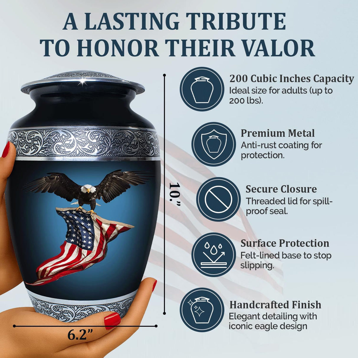 Cremation Urn for Ashes Adult Male - Hand Engraved Funeral Memorial Urns - Featuring 1 American Flag Large Urn with 4 Matching Small Urns with Bags (Black, Set of 5)