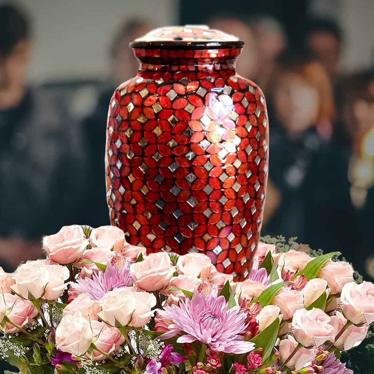Mosaic Glass Cremation Urn - Hand Made Funeral Urn for Human Ashes - Large Adult Size Burial Urn - Hand Applied Individual Tiles Create a one of a Kind Work of Art - 200 cu in (Red)