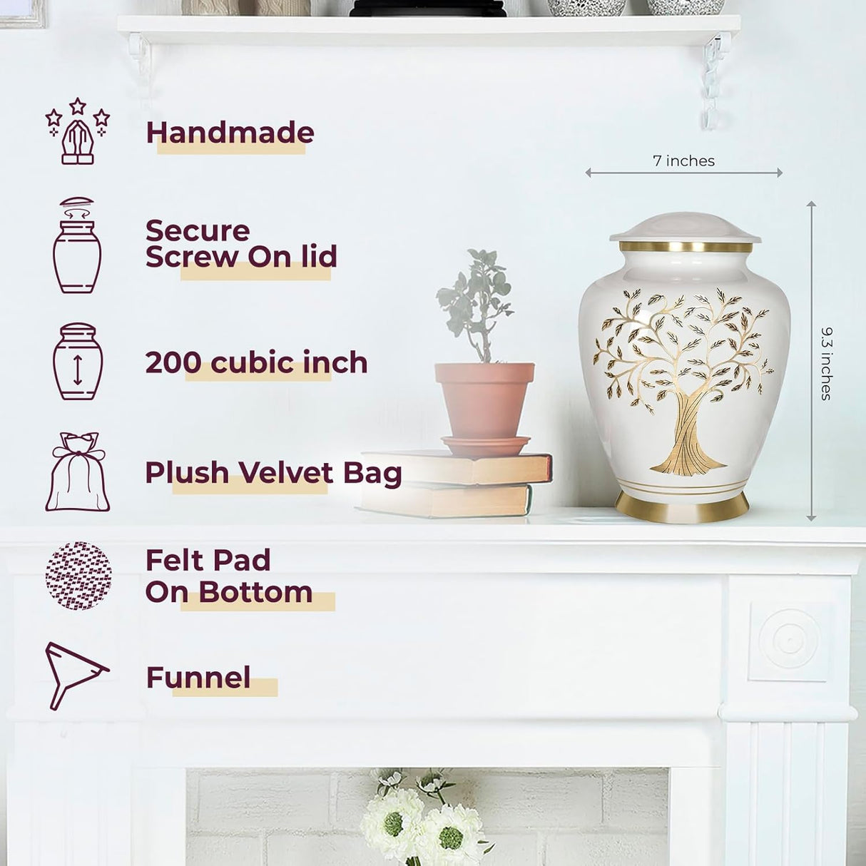 Trupoint Memorials Cremation Urns for Human Ashes, Tree of Life Decorative Burial Urn for Adult Men and Women, Large White