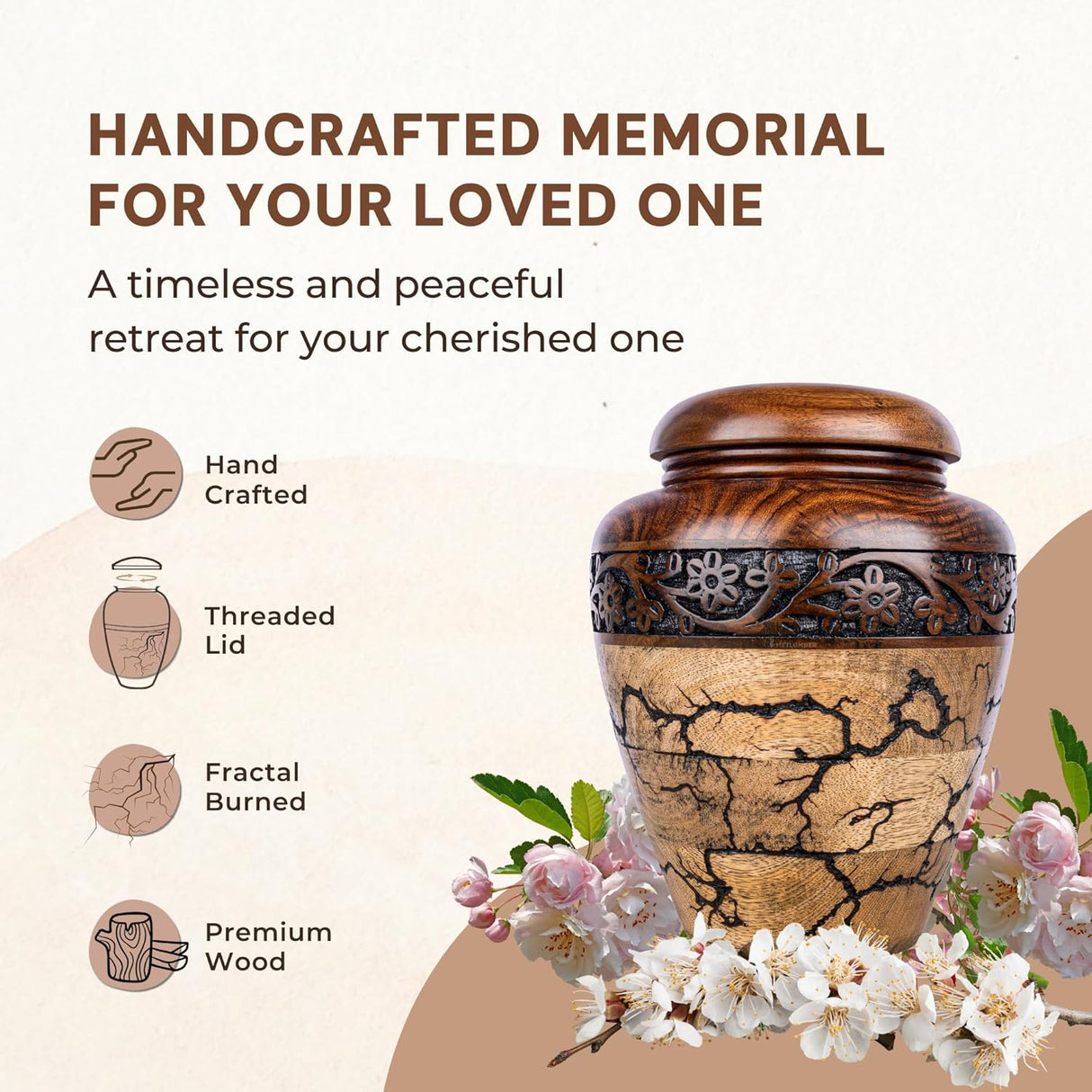 Cremation Urn for Human Ashes Adult Male or Female, Wooden Urn, Hand Carved Memorial, Large Adult Urn, Burial Urn, Wood Turned Casket for Men Women, Funeral Urn for Ashes (Keepsake 15 Cu/in)
