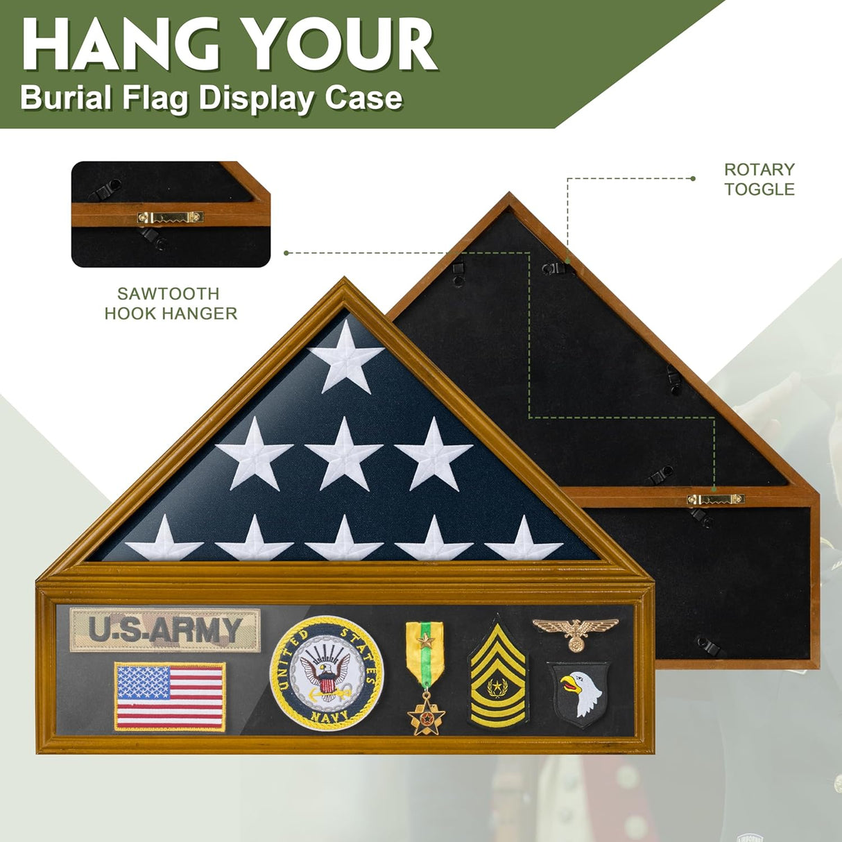 Flag Case for 3'x5' American Flag Display Case Brown Wood Memorial Flag Veteran Military Medal Pins Shadow Box with Acrylic Covered and Wall Mounted (Not for Burial Flag Size)