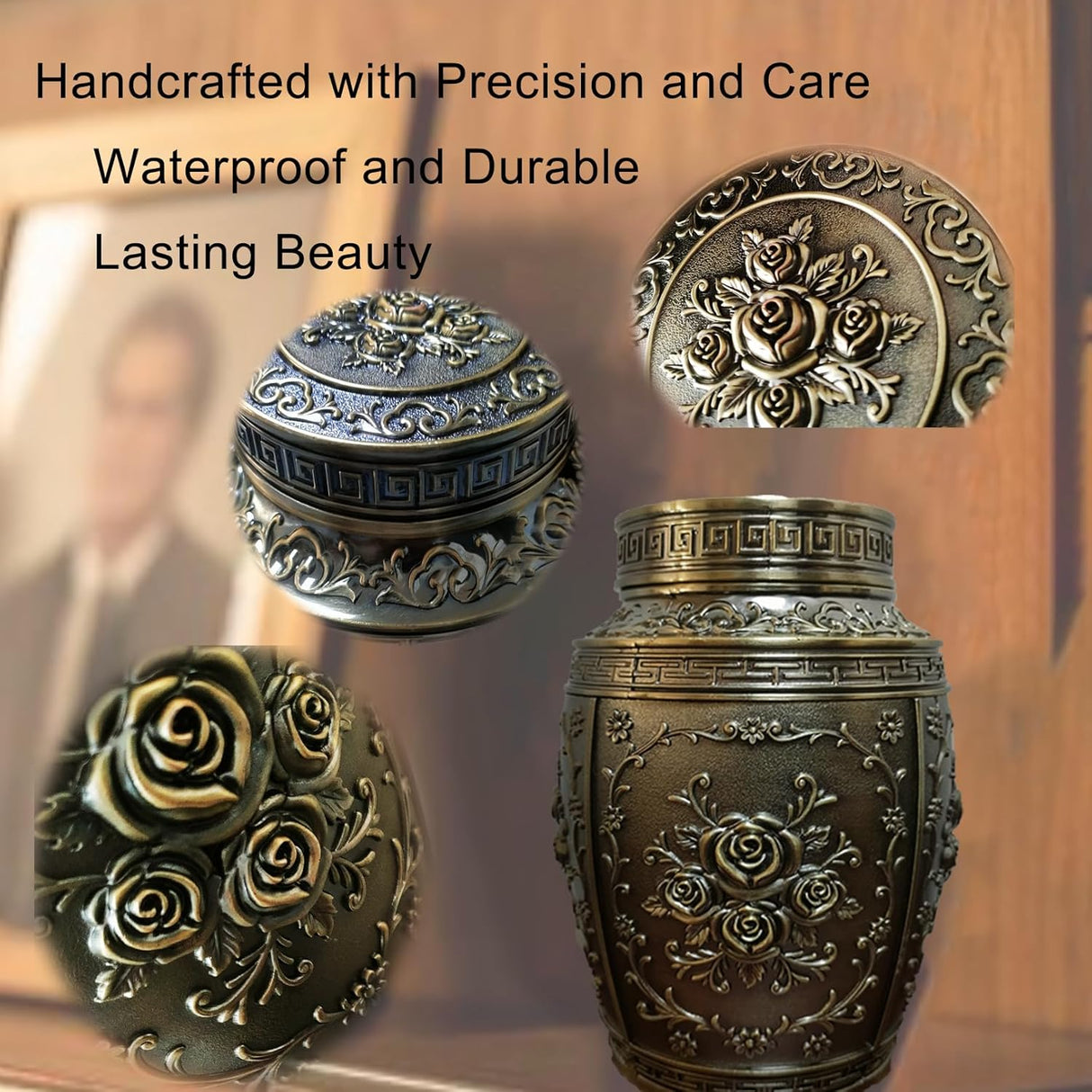 Keepsake Rose Urns for Human Ashes Medium Cremation Burial Urn for Adult Human Ashes Beautiful Zinc Alloy Decorative Funeral Urns, 7.1" H x 4.7" L(Bronze)