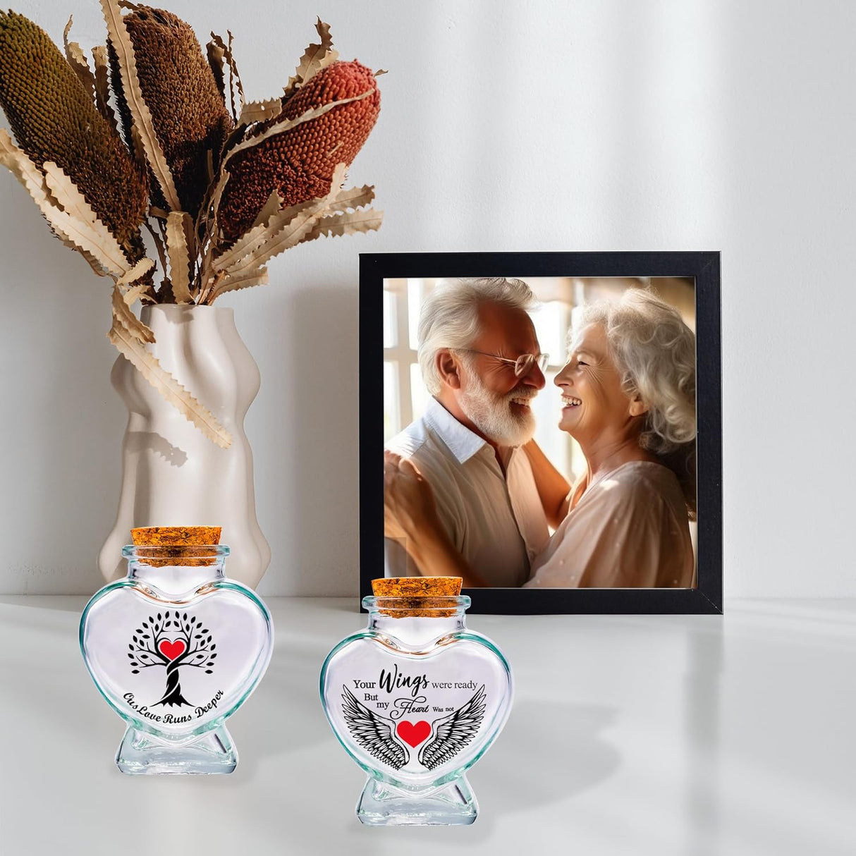 Heart Glass Urns for Ashes - Set of 2 - Sand Jar 'Your Wings Were Ready My Heart Was Not' Small Keepsake Urns for Human, Pet - Tree of Life Memorial Holder