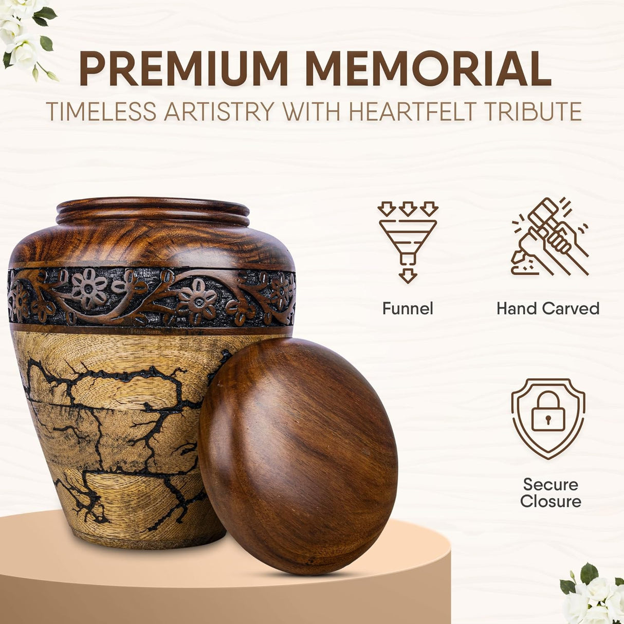 Cremation Urn for Human Ashes Adult Male or Female, Wooden Urn, Hand Carved Memorial, Large Adult Urn, Burial Urn, Wood Turned Casket for Men Women, Funeral Urn for Ashes (Keepsake 15 Cu/in)