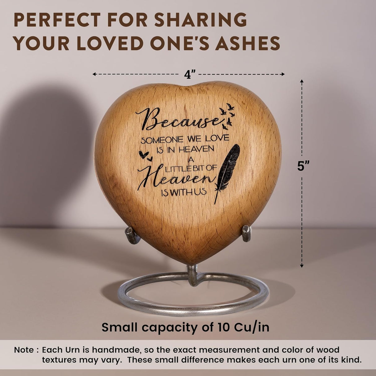 Wooden Heart Keepsake Urns For Human Ashes Adult Male, Female - Cremation Urn Small Mini Decorative Funeral, Urns for Mom, Dad, Men, Infant, Child - Because Someone We Love is in Heaven