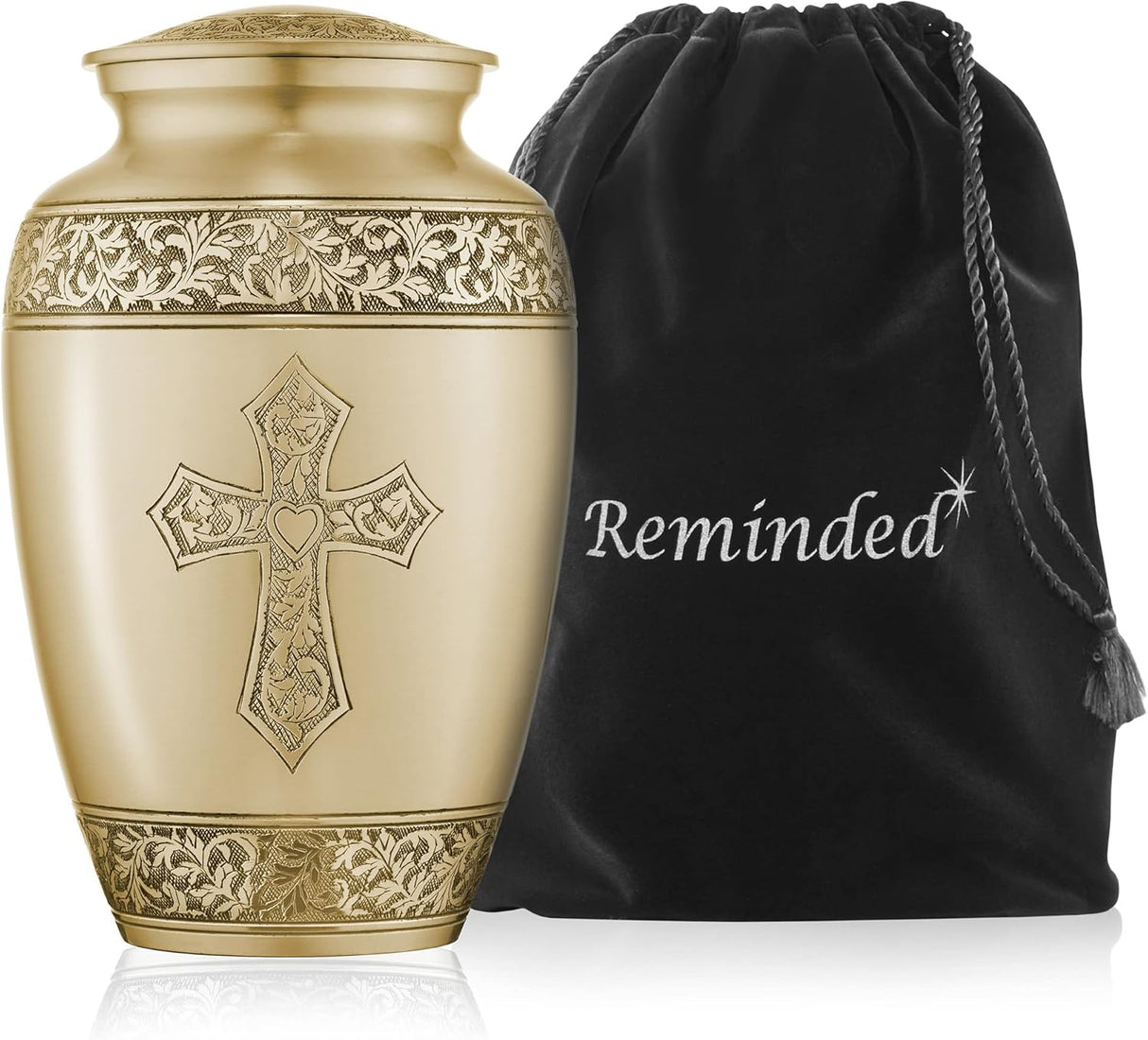 Reminded Adult Cremation Memorial Urn for Human Ashes, Gold Etched Cross Brass Funeral Urn with Velvet Bag