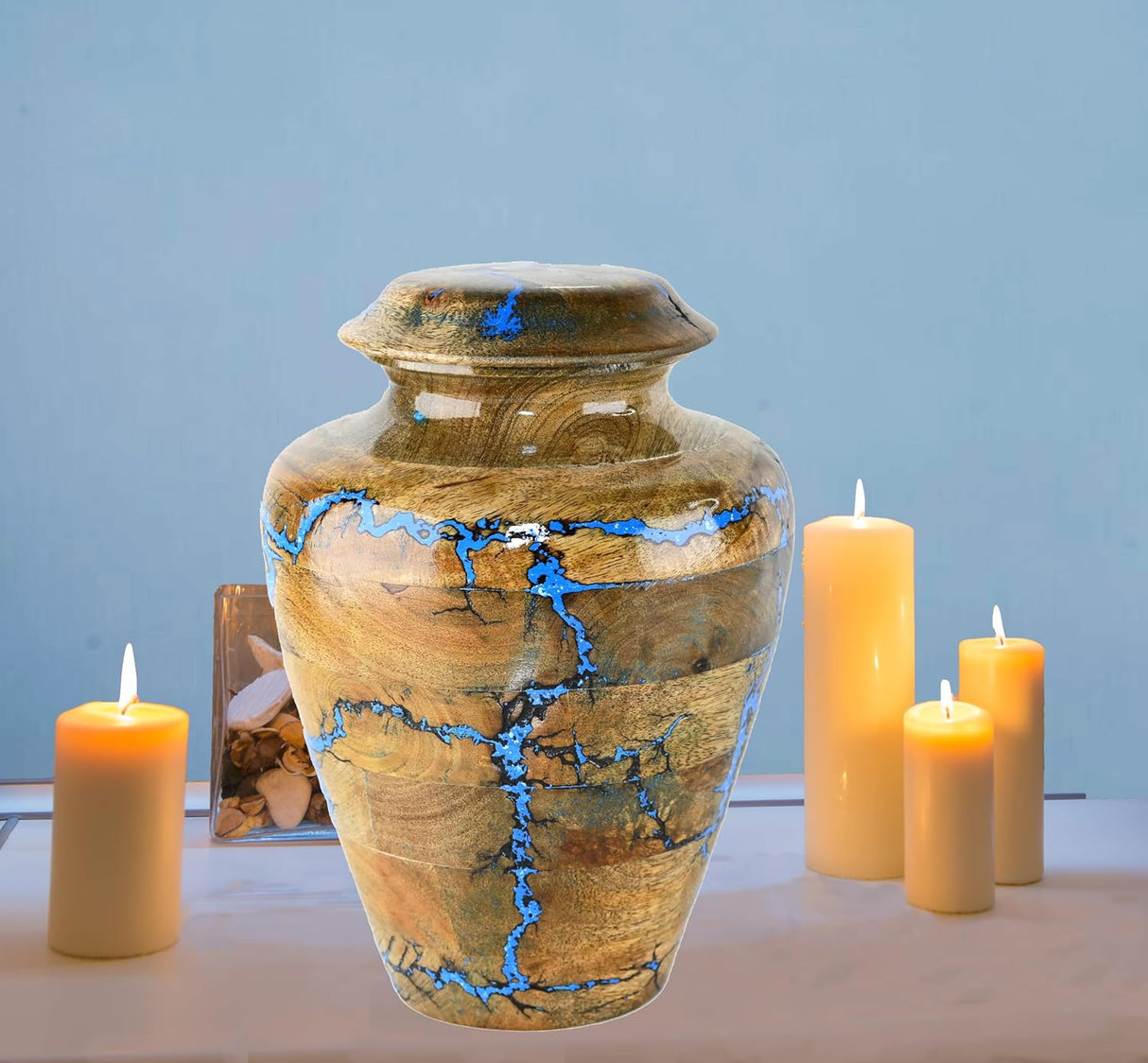 Solid Hand Turned Wooden Urns for Human Ashes Male/Female - Cremation Urns for Men/Women, Blue Decorative Urns for Ashes, Funeral Urns for Adults | X-Large (8x8x11, 250 lbs or 111.39 kg)