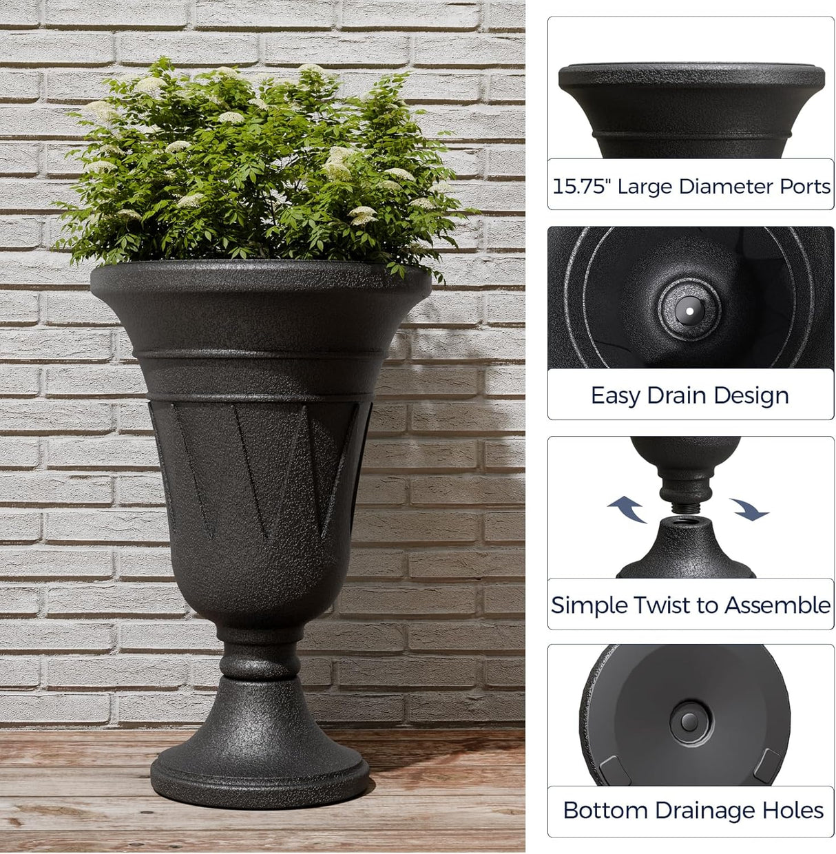 23" Tall Plastic Urn Planter (2-Pack) – Planters for Outdoor Plants with Drainage Holes & Trophy Design, Heavy-Duty Classic Indoor Large Flower Pots for Home Garden, Front Porch & Decor, Black