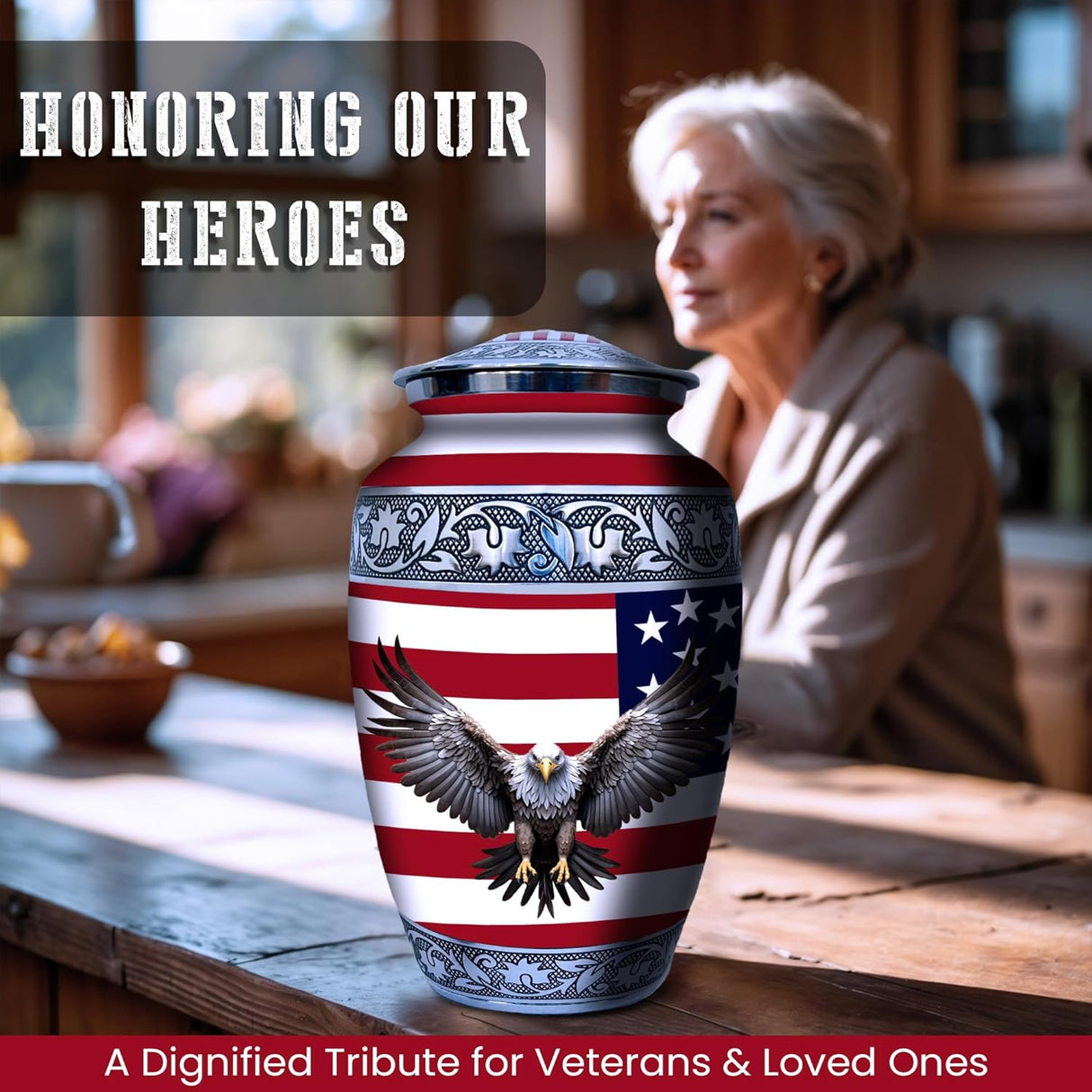 Set of 6 American Flag Decorative Cremation Urns for Ashes Adult Male & Female Includes 1 Large Urn with 4 Small Keepsakes & 1 NecklaceUrn for Human Ashes