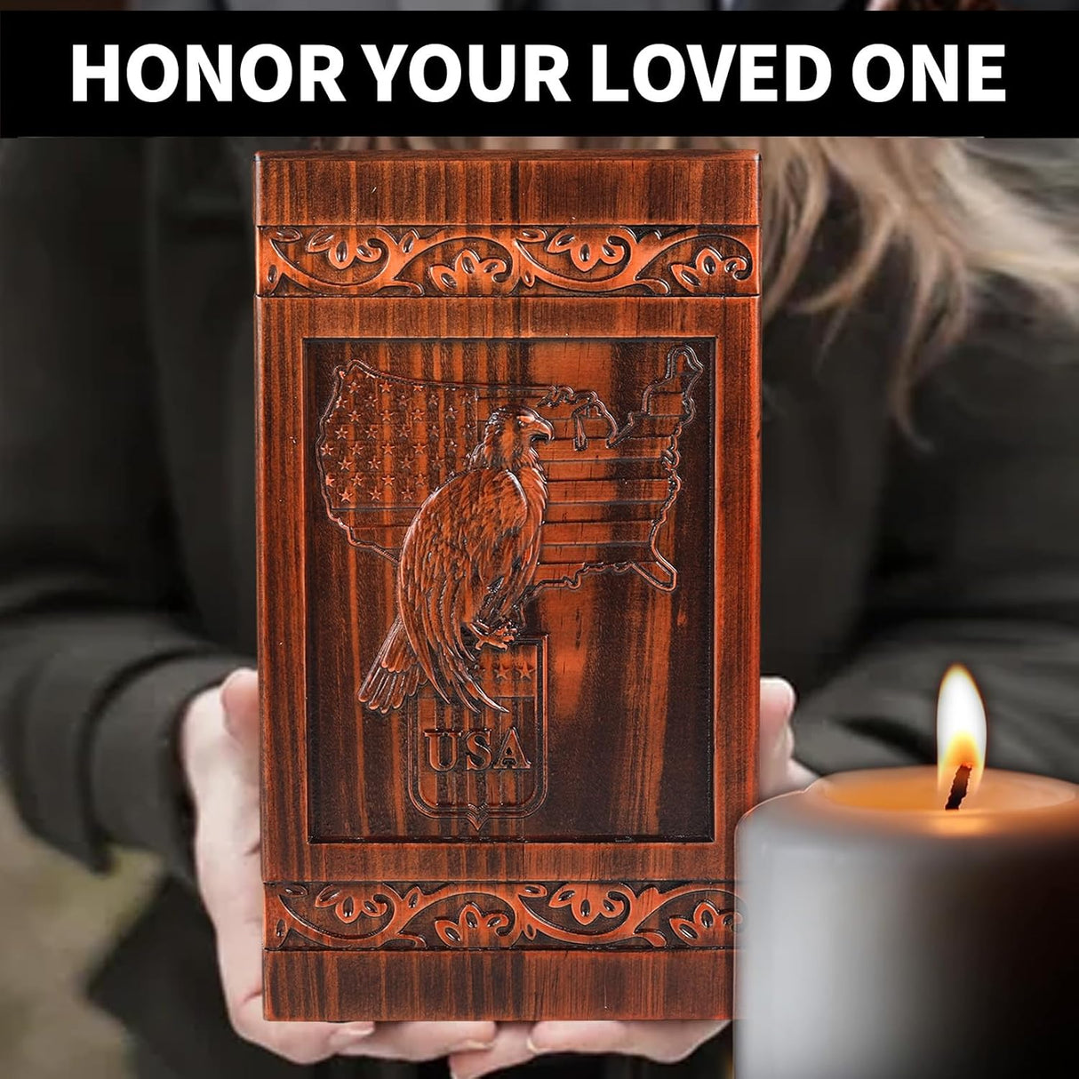 Extra Large Wooden Urns for Human Ashes Adult Man, Military and Patriotic Cremation Urns for Human Ashes with Eagle & American Flag Designs, Decorative Urns for Mom, Eagle Urn