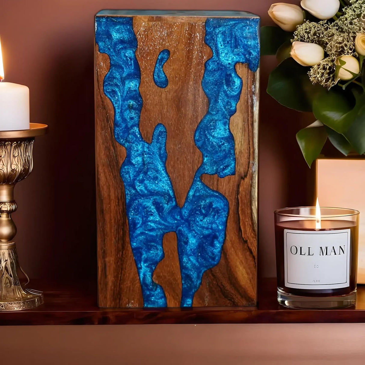 Generic Large Wooden Urn for Cremation, Pinewood & Rosewood, Blue, Floral, Wood Grain Pattern, 3x3x5 Inches, Holds 60 Cubic Inches, Sliding Opening, Glossy Finish, Urn