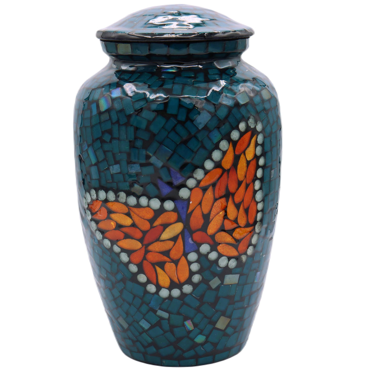 Mosaic Glass Cremation Urn - Hand Made Funeral Urn for Human Ashes - Large Adult Size Burial Urn - Hand Applied Individual Tiles Create a one of a Kind Work of Art - 200 cu in (Red)