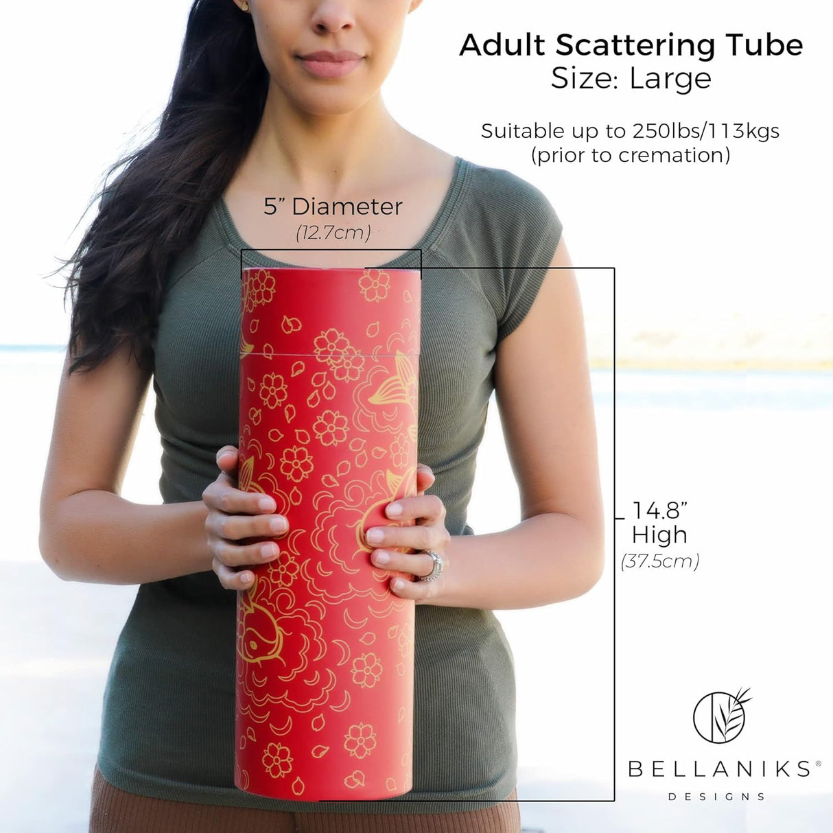 Scattering Tubes for Human Ashes - Cremation Urns for Burial, Travel, Transport Or Spreading Cremains - Cabin-Safe Red Memorial Container & Keepsake - Red Fish Design Large 14.8” x 5”