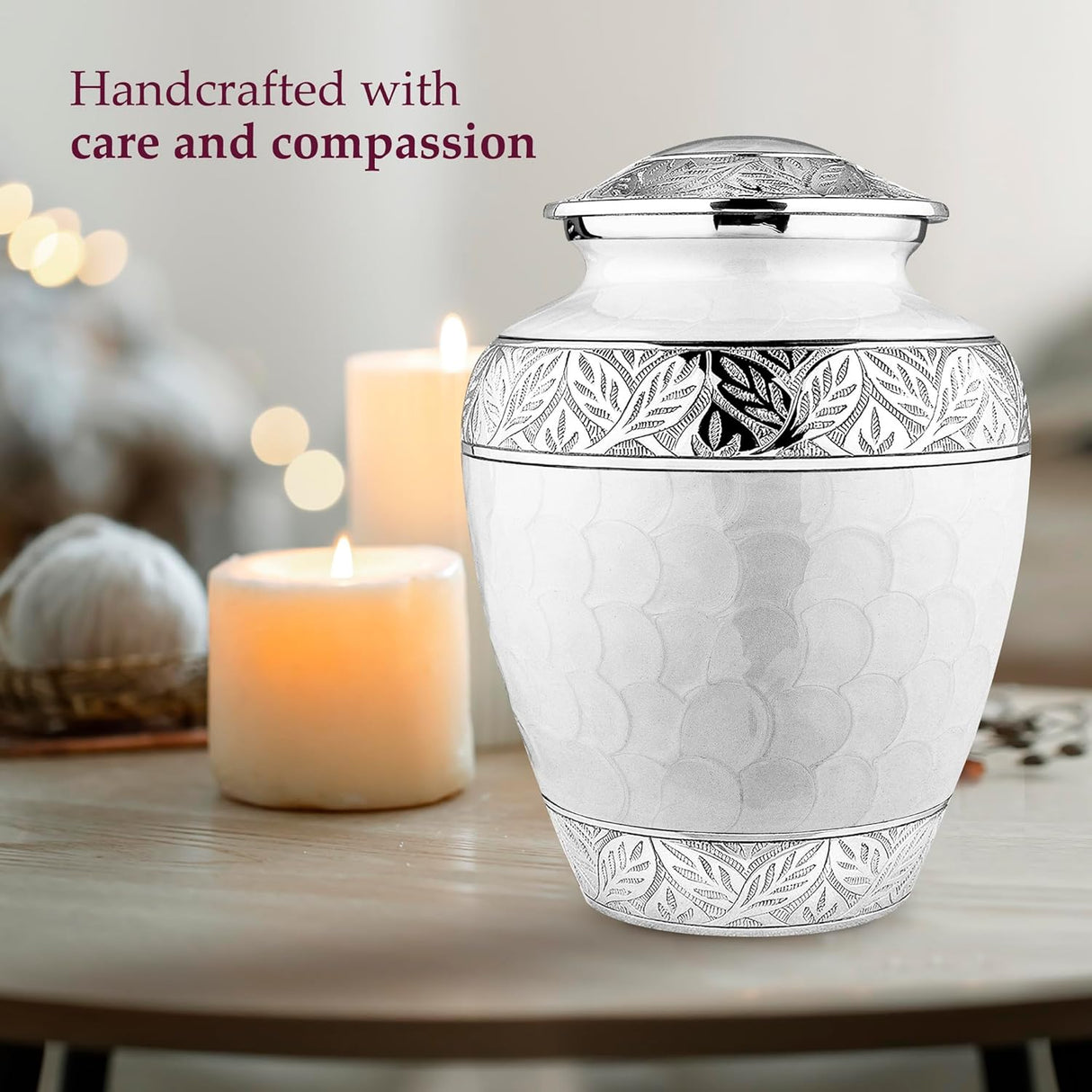 Trupoint Memorials Cremation Urn for Ashes for Women Female, Urns for Human Ashes Male, Engraved Mother of Pearl Funeral Urn for Adult Man, Silver Lining Large White