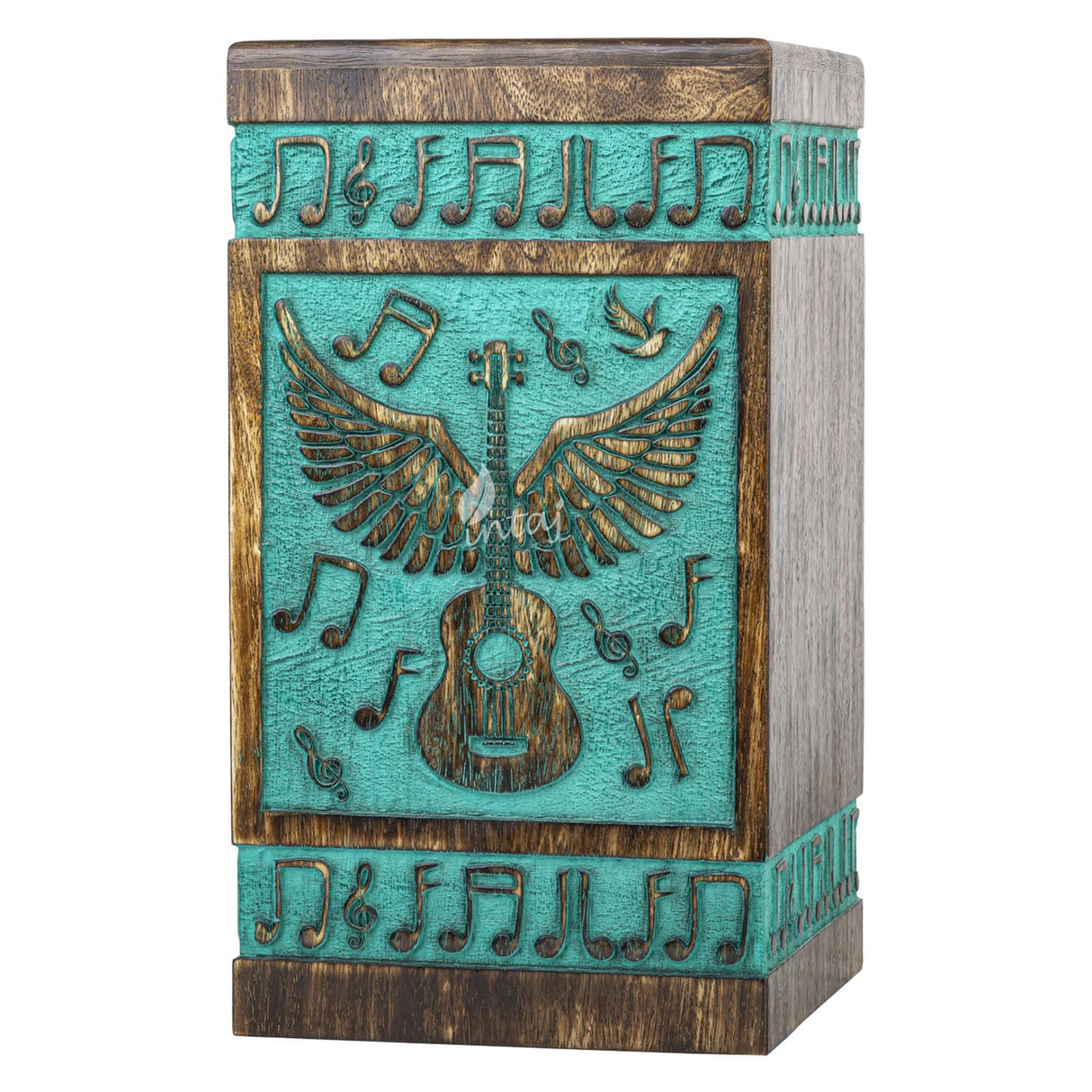 INTAJ Small Wooden Cremation Urns for Human Ashes Adult Male 20 Cubic Inches - Keepsake Urn for Ashes for Women & Men - Angel Wings Guitar Design, Wooden Carved Urn Box, Suitable for Burial & Funeral