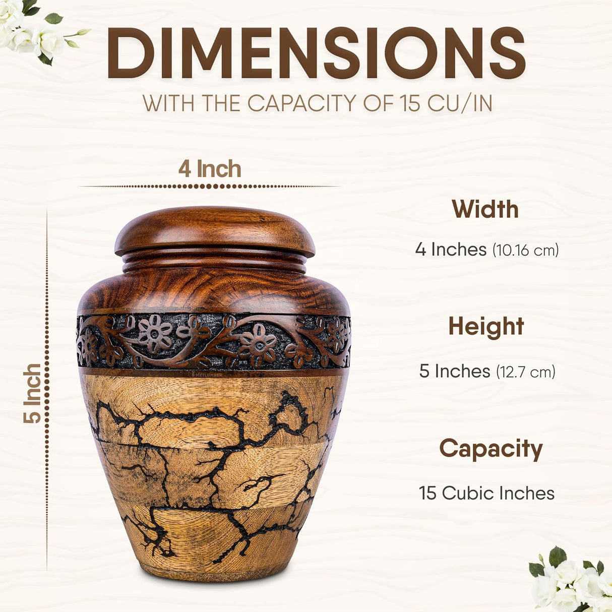 Cremation Urn for Human Ashes Adult Male or Female, Wooden Urn, Hand Carved Memorial, Large Adult Urn, Burial Urn, Wood Turned Casket for Men Women, Funeral Urn for Ashes (Keepsake 15 Cu/in)