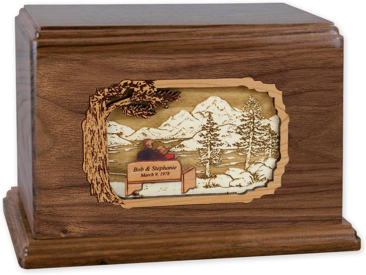 Soulmates Together Forever Wooden Companion Cremation Urn for Two People - Wood Art Inlay Funeral Urn with Couple Together Again on Bench (Companion Urn for Two People, Walnut Custom)